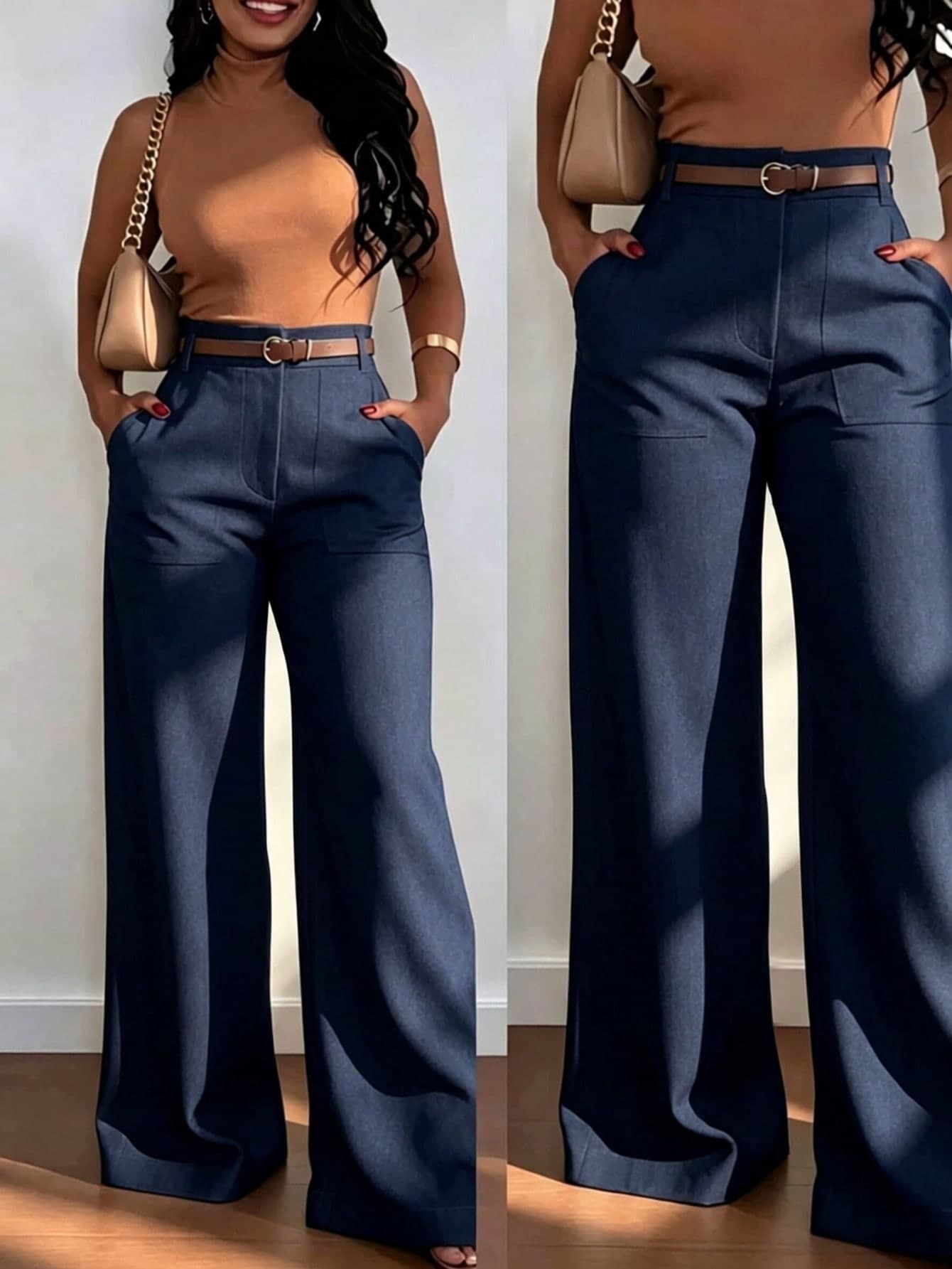 Women's Fashion High Waist Straight Leg Wide Leg Casual Long Pants With Pockets, Autumn/Winter