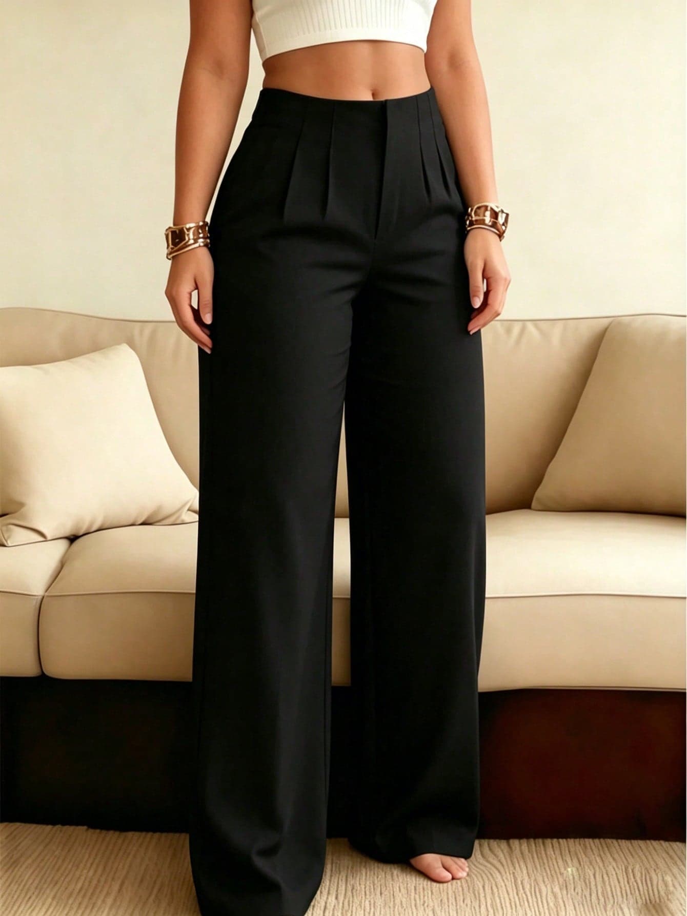 HOMEYEE Women's Retro Casual Vacation Elegant Daily Business Professional Plus Size Black Wide Leg Pants