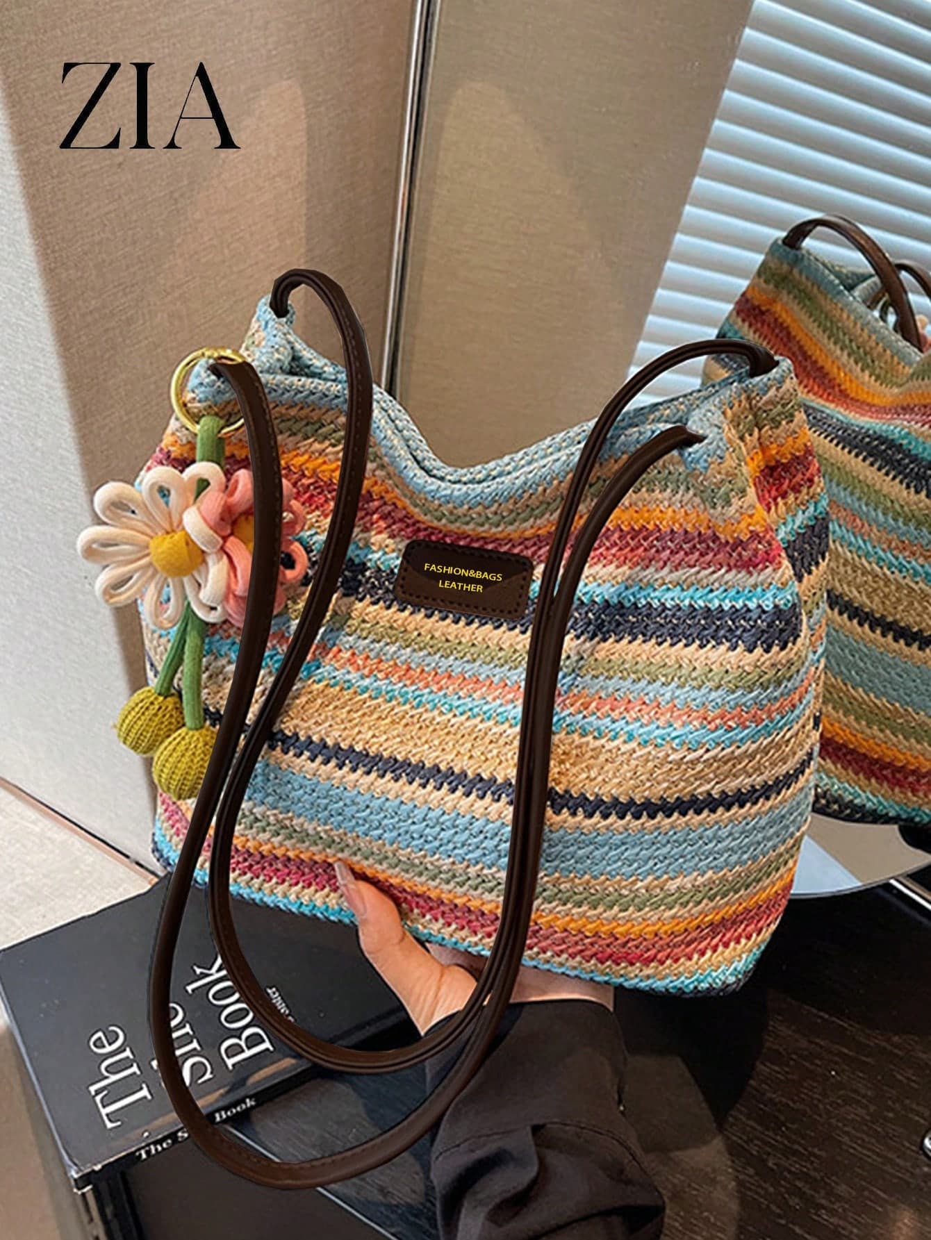 Fashion Woven Women's Bag, Straw Bucket Bag, Rainbow Striped Women's Bag, Vacation Beach Bag, With Pendant, Shoulder Bag, Underarm Bag