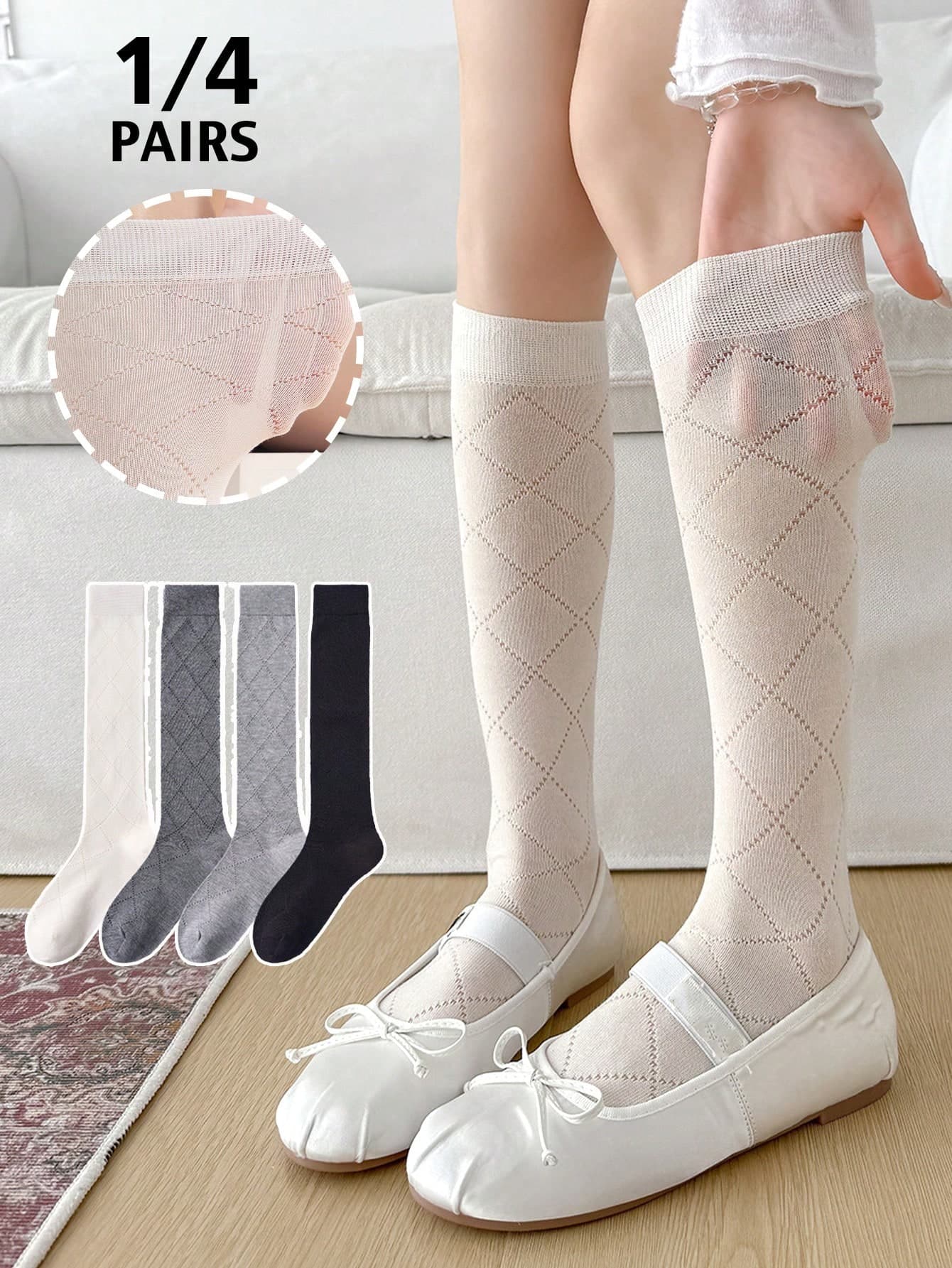 1 Pair/4 Pairs Thin Rhombus Pattern Ballet Style Long Socks, Retro Japanese Style Women Knee High Socks, Spring/Summer