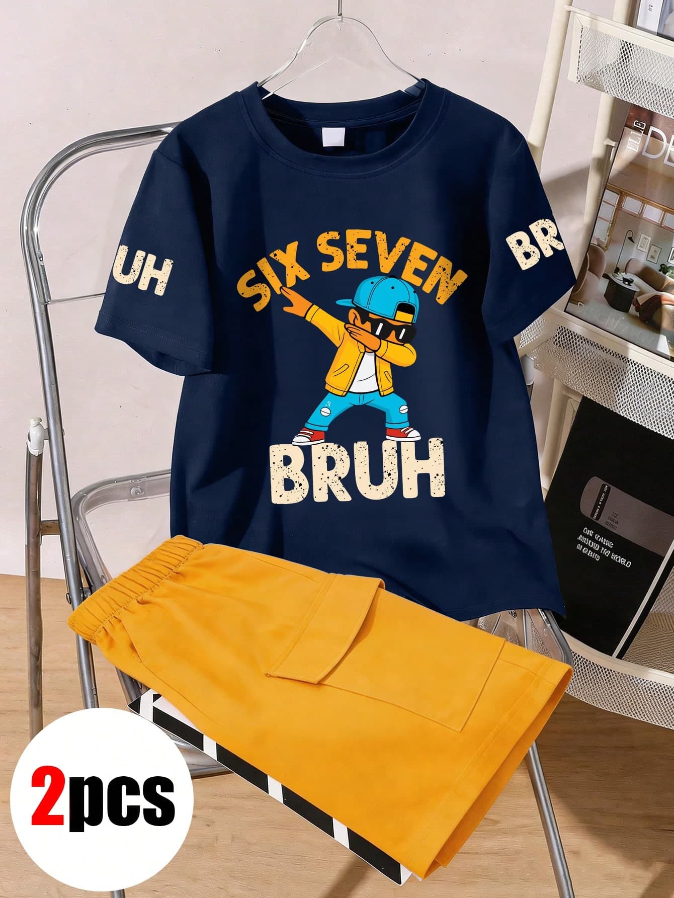 2pcs/Set Boys Fashion Casual Outfit Round Neck Short Sleeve T-Shirt And Shorts, Printed With Interesting Numbers And Cool Cartoon Patterns, Perfect For Summer Wear