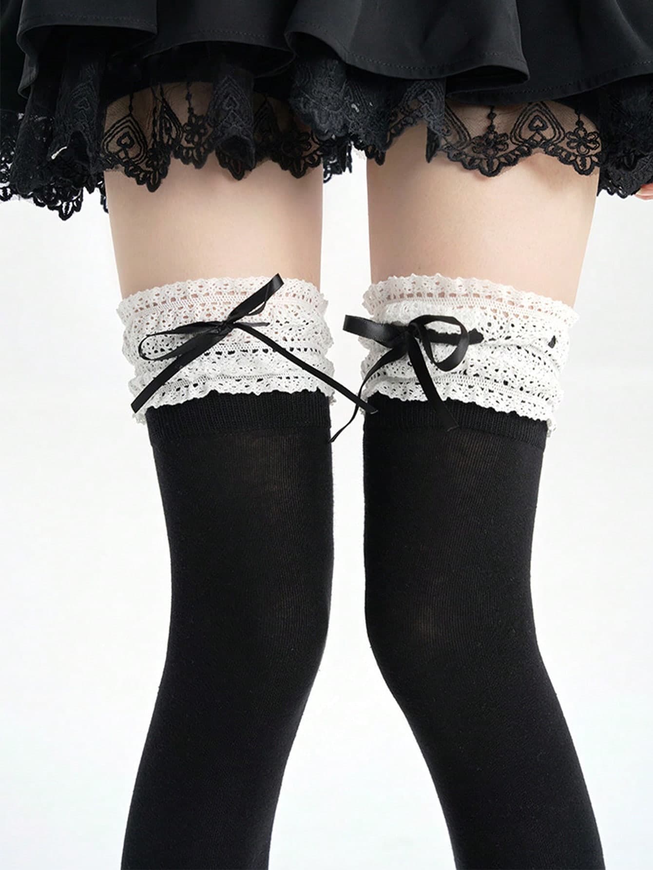 1 Pair Bow Lace Trim Over-The-Knee Socks, Suitable For Pairing With Skirts, Y2K