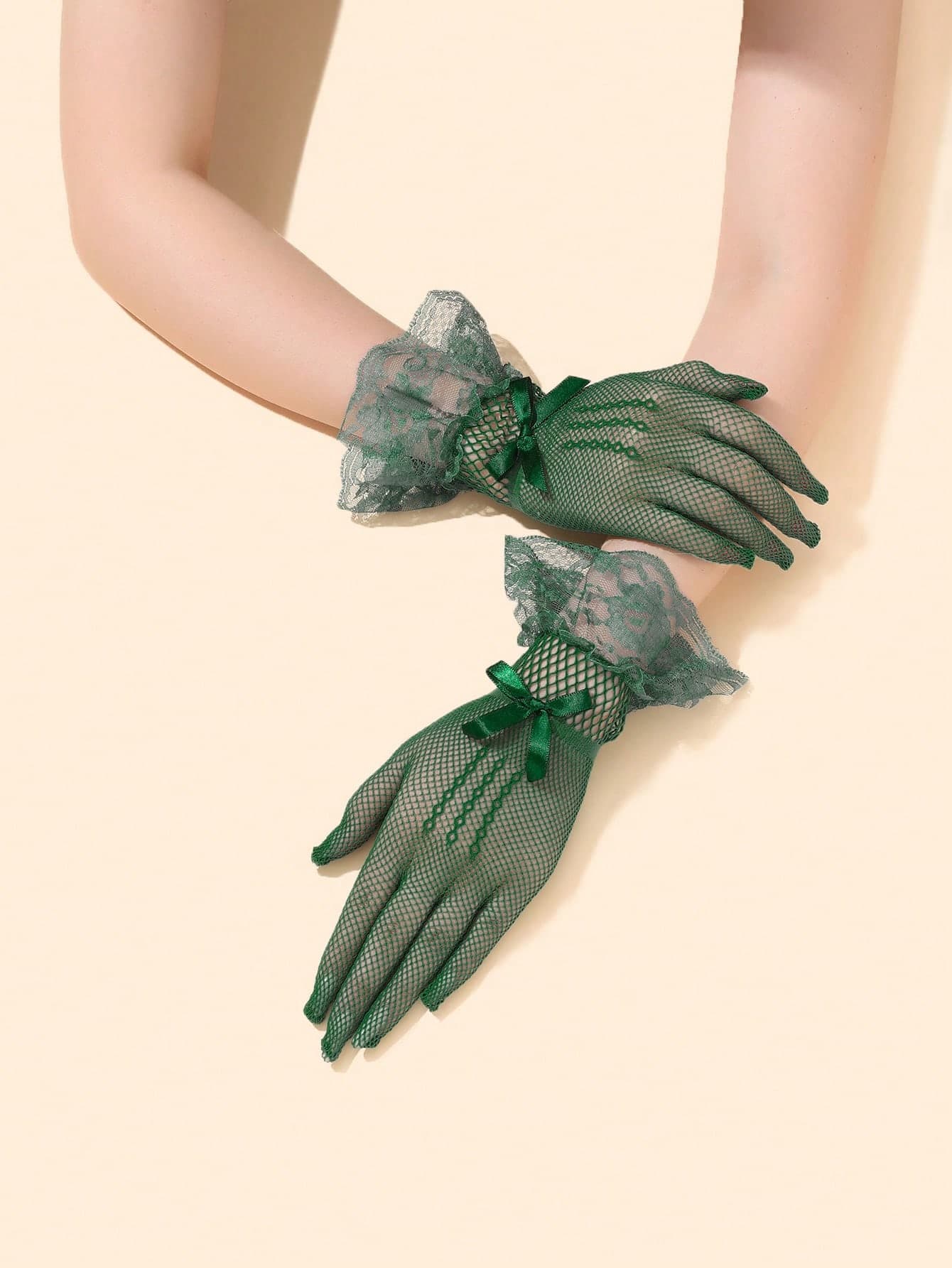 1 Pair Vintage Green Mesh Lace Short Gloves, Bow Decor, Elegant Atmosphere, Suitable For Banquet/Wedding/Party/Photoshoot
