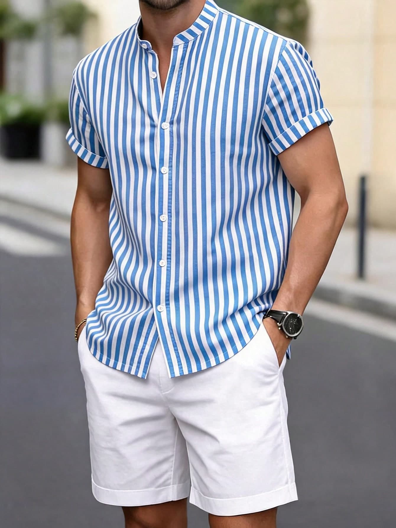 Men's Casual Fashion Polyester Lightweight Striped Shirt With Stand Collar, Short Sleeve, 7-Button Design Top And Solid Color Skin-Friendly Soft Fabric Shorts, Essential 2-Piece Set
