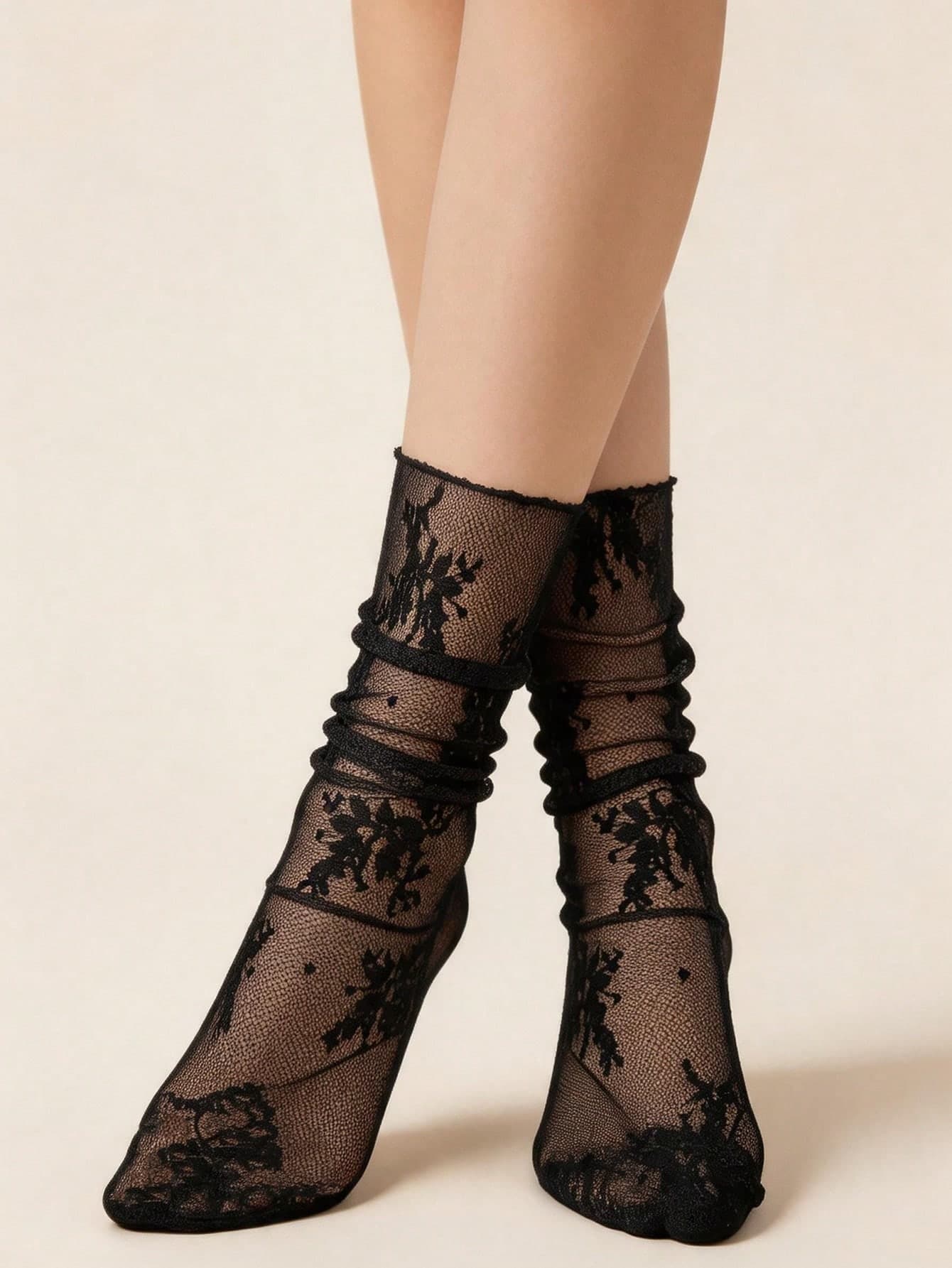 1 Pair Black Floral Lace Transparent Socks, Durable And Anti-Snag, Versatile Style, Wardrobe Essential