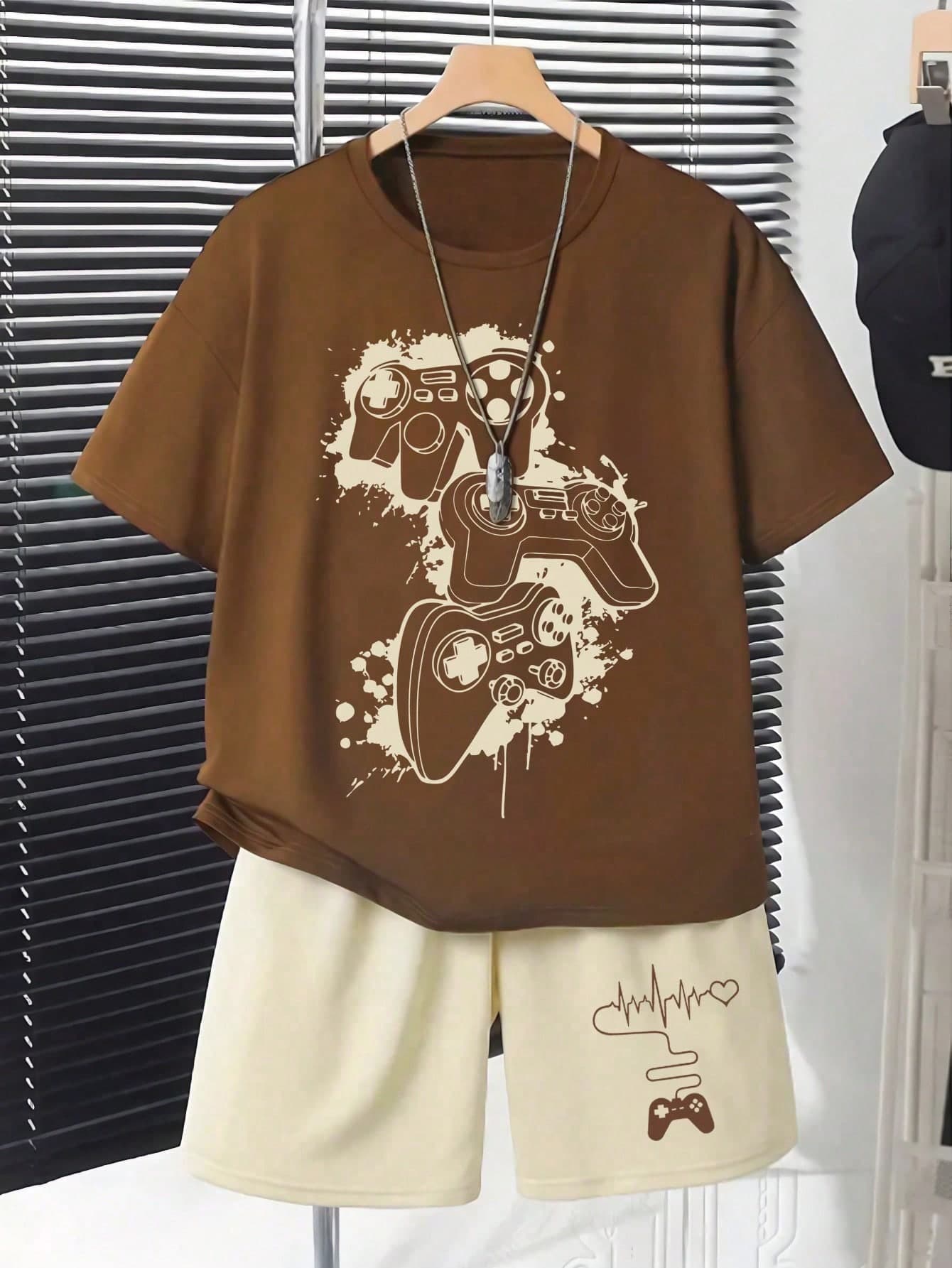 Tween Boy Game Console Print Short Sleeve T-Shirt And Heart Print Shorts Set