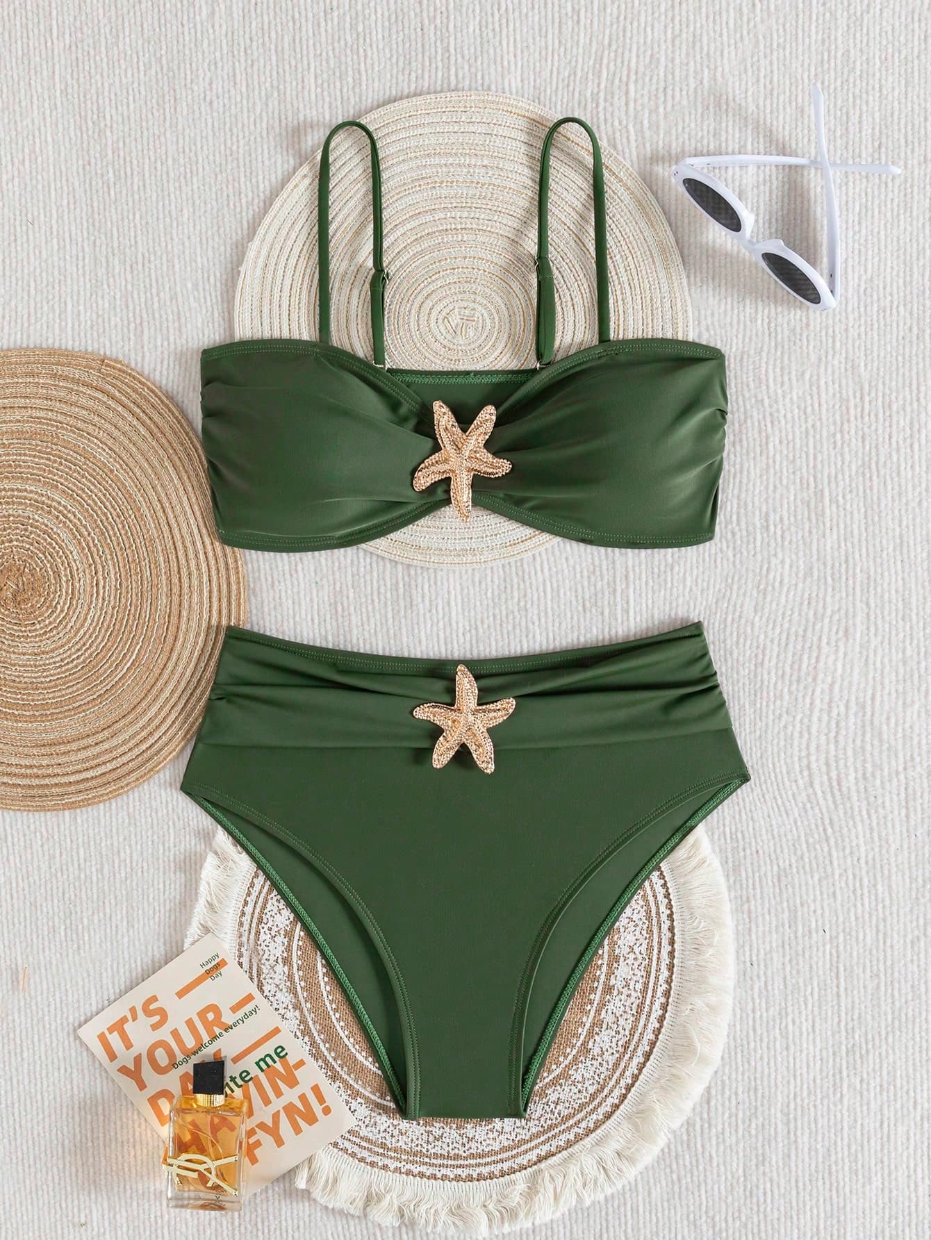 Unique Solid Starfish Print Bikini, Slimming Tummy Control, Comfy Chic Accents, Elegant Vacation Swimwear For Beach & Pool Parties