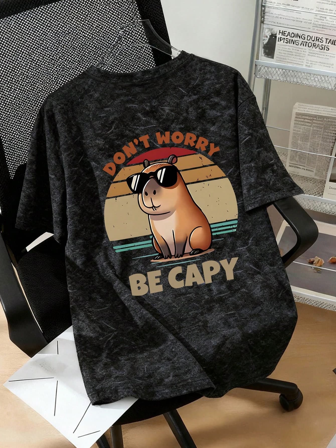 1pc Teen Boys Simple Casual Crew Neck Short Sleeve T-Shirt, Printed With Sunglasses Capybara Pattern, Summer New Comfortable Top