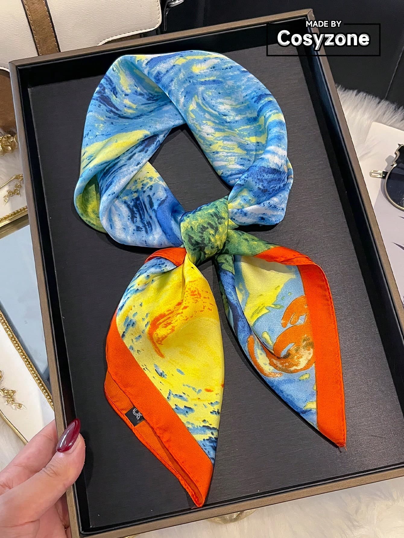 1pc Vintage Oil Painting Pattern Printed Faux Silk 27.6in Square Scarf, Women's Bandana Essential For Spring & Summer, Fashion Versatile Hair Tie, Waist Belt, Neckerchief, Hair Accessory