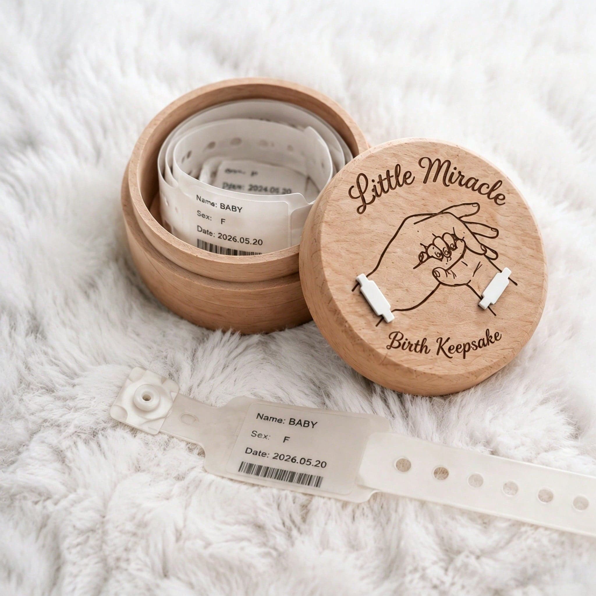 Wooden Newborn Memorial Bracelet Box - Little Miracle Birth Bracelet Storage Box, Newborn ID Bracelet And Mother's Delivery Bracelet Storage, Baby Shower Party And New Parent Gift, Baby Shower Party Gift And Baptism Newborn Essentials