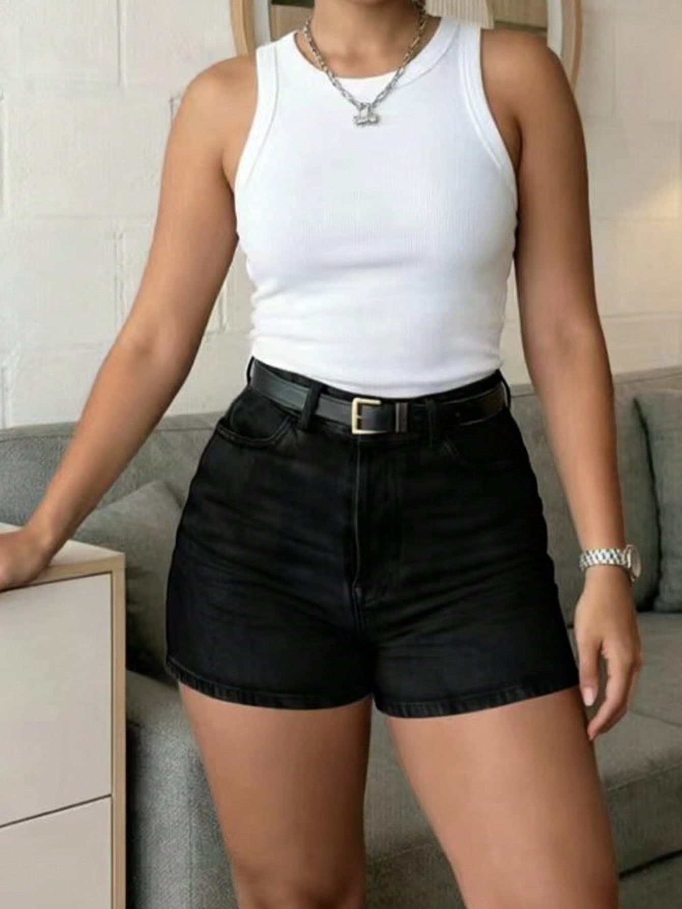 Women's Casual Black Elegant Denim Shorts, Button Detail, Straight Leg, Medium Stretch Summer