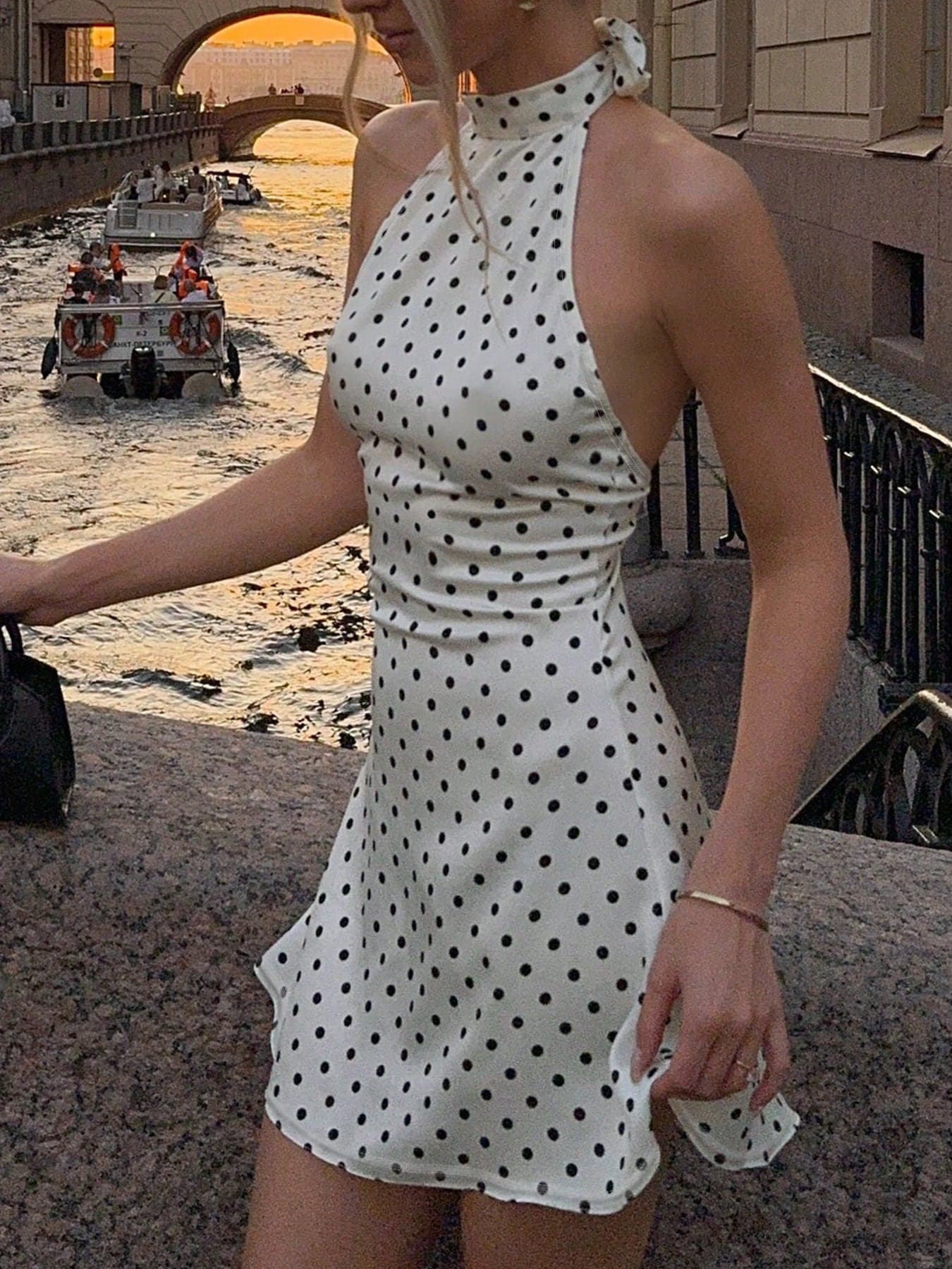 2026 Spring/Summer Fashion: Versatile Mini Dress, Suitable For Daily Wear, Casual, Commute, Street Style, Retro, Sexy, Backless And More Occasions, Black & White Contrast Halter Design, All-Over Printed Party Elegant