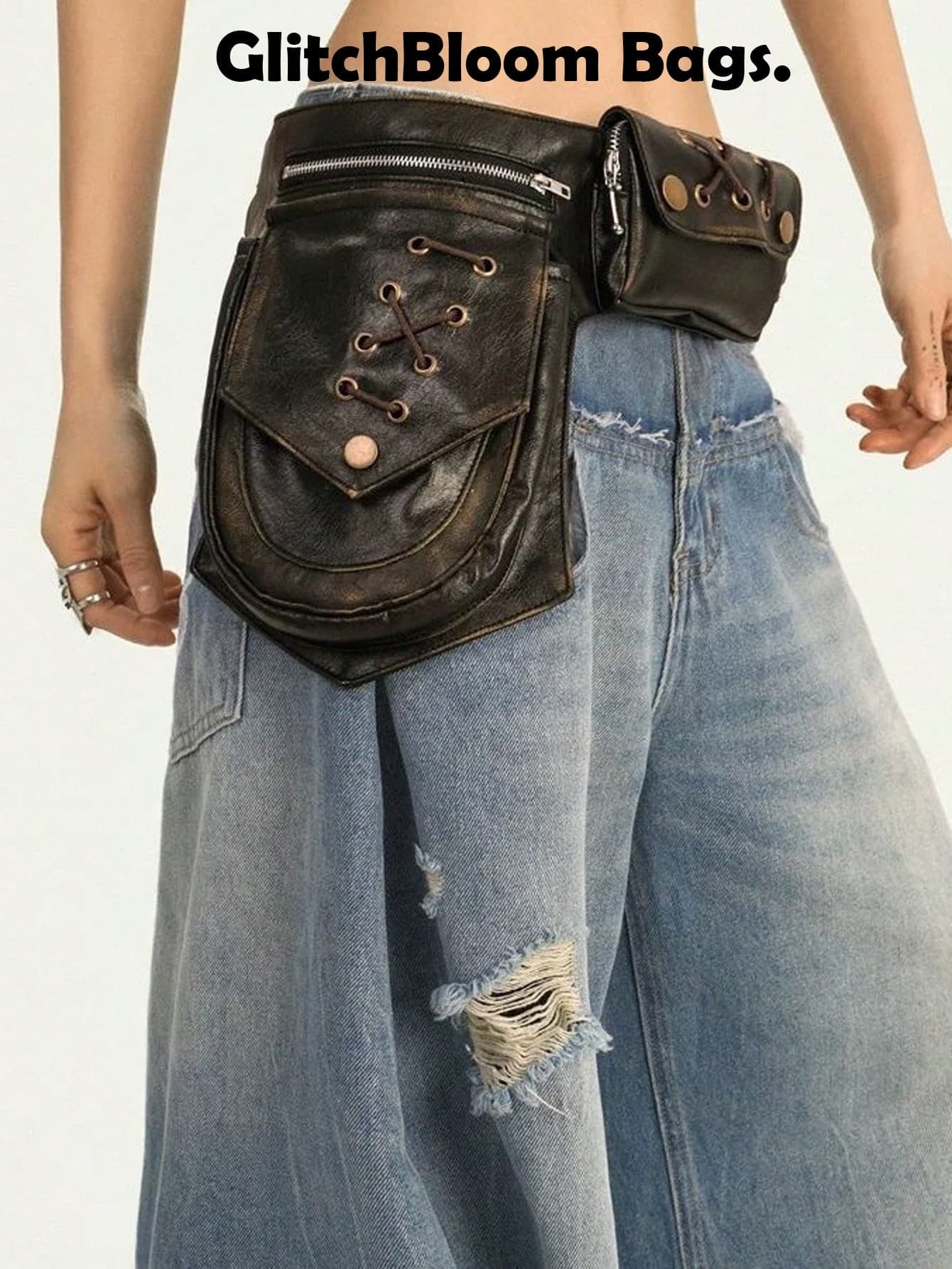 Vintage Distressed PU Leather Waist Bag, Steampunk Gothic Style Lace-Up Multi-Pocket Waist Bag, Retro Street Style Women's Waist Bag, Y2K Style Festival Daily Use Waist Bag