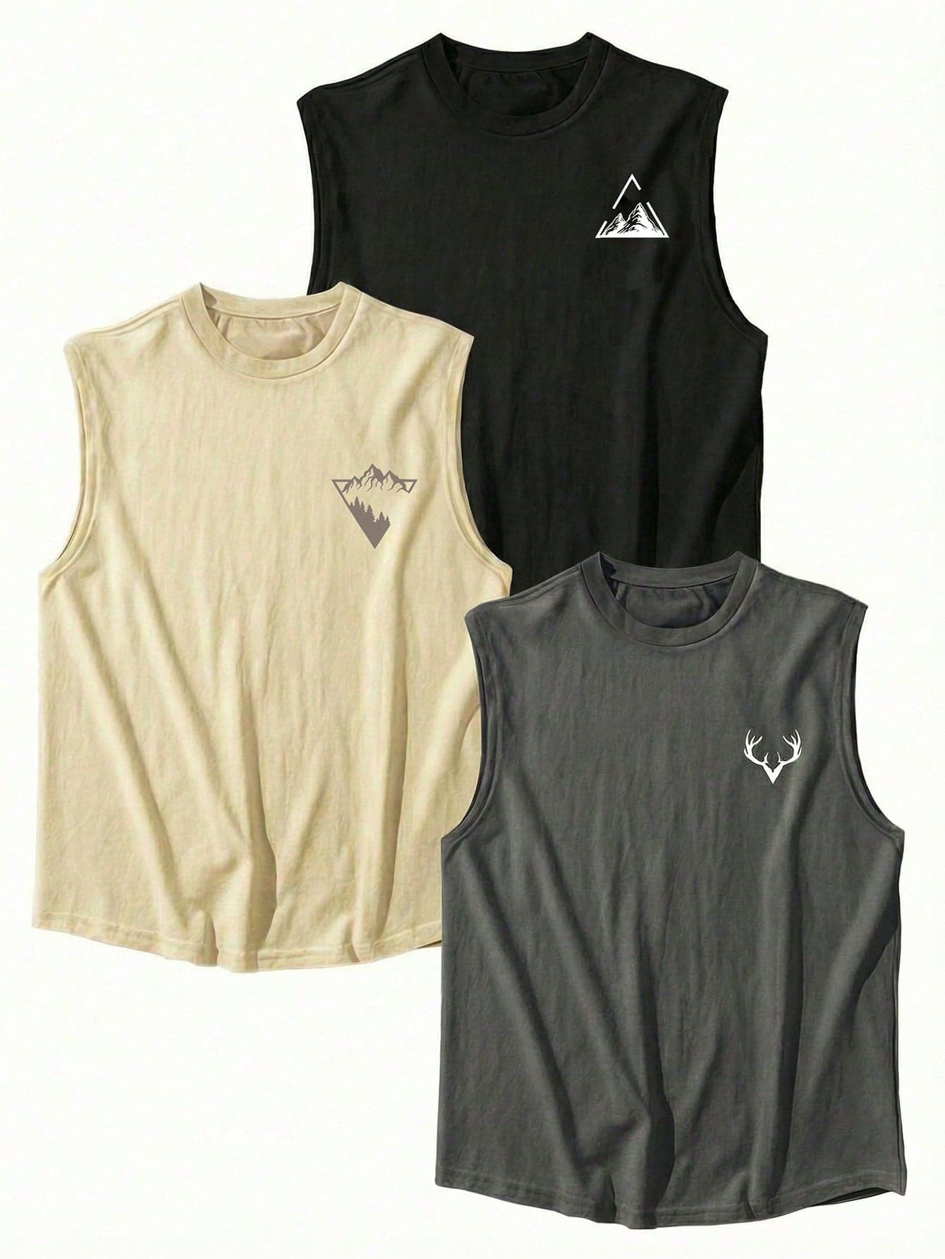 3pcs/Set Men's Summer Round Neck Simple Printed Casual Fashion Tank Top, Suitable For Fitness And Daily Wear