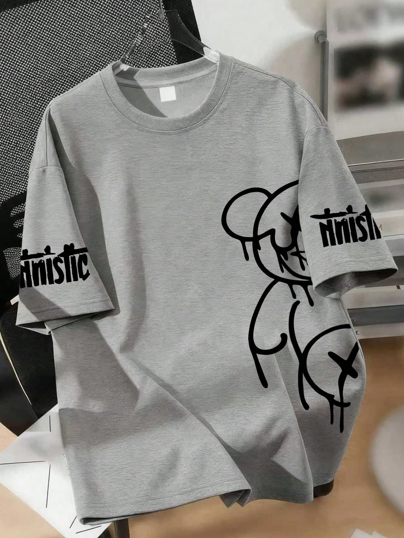 Boys Casual Printed Crew Neck Short Sleeve T-Shirt, Bear Pattern Top, Comfortable Soft Teen Boy Clothing, Suitable For Summer Wear