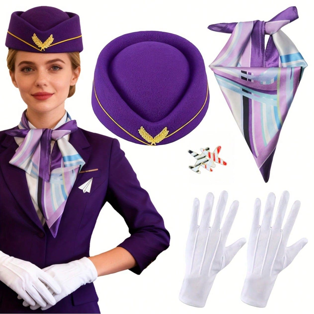 1/6/5pcs Vintage Flight Attendant Costume For Women - Vintage Aviation Uniform Suitable For Cosplay, Role Play, Theme Parties, Includes Hat, Scarf, Brooch, Gloves - Historical Aviation Costume Suitable For Historical Events And Photography,Party