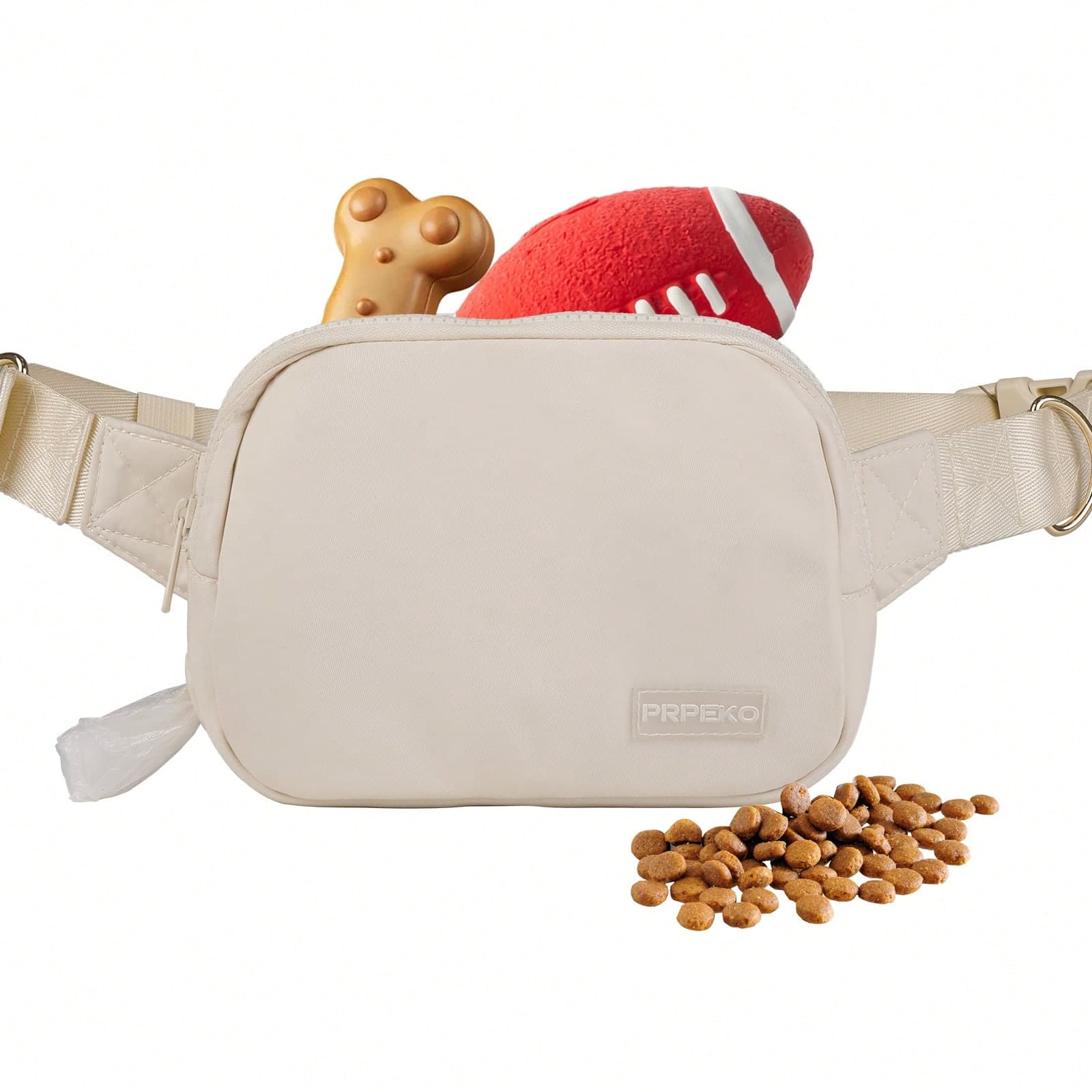 Dog Treat Pouch Fanny Pack For Training, Beige Water-Resistant Pet Waist Bag With Removable Dog Food Pouch, Poop Bag Dispenser, Adjustable Strap And Multi-Storage Pockets