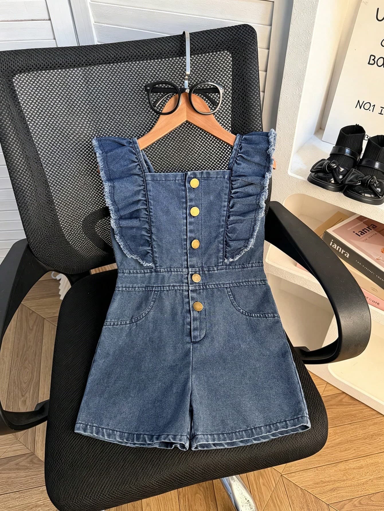 Young Girl Summer Elegant Sleeveless Single-Breasted Jumpsuit, Blue, Suitable For Daily, Outdoor, School, Commute, Vacation