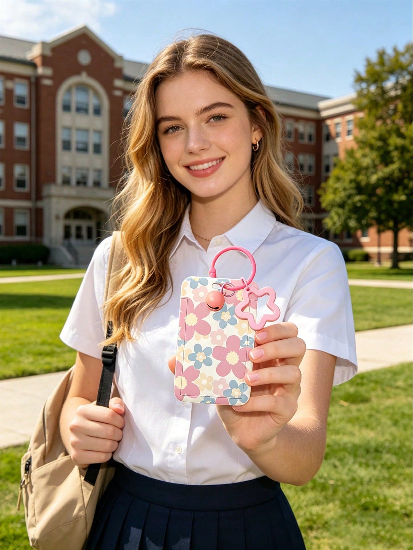1pc Pink Flower Card Holder With Pearl Decoration, Cute Cartoon Card Holder, With Lanyard Student Card Holder, Suitable For ID Card, Bus Card, Bank Card, Teacher Student Work Supplies Card Holder, Zipper Neck Hanging Card Holder, Suitable For Student ID Card Holder, Nurse Card Holder, Office Gift, Ideal Gift For Teachers