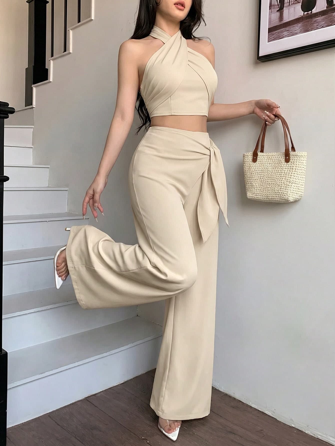 abyoxi 2pcs/Set Women Apricot Camisole Backless 3-Way Crop Top & High Waist Wide Leg Pants, Casual Elegant Outfit For Daily, Date, Work Commute, Summer