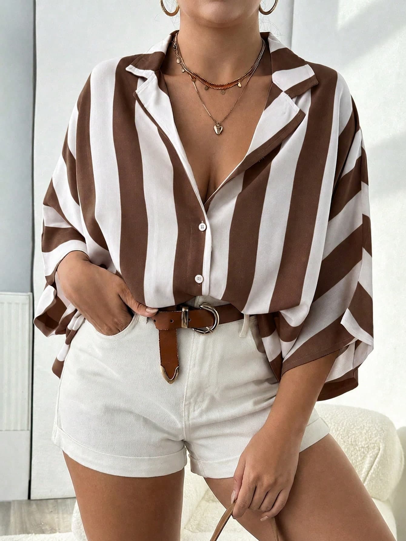 Spring/Summer Plus Size Women's Casual Loose Fashion Versatile Minimalist Coffee Brown Striped Shirt, Women's Casual Top, Vacation Wear, Chic & Elegant