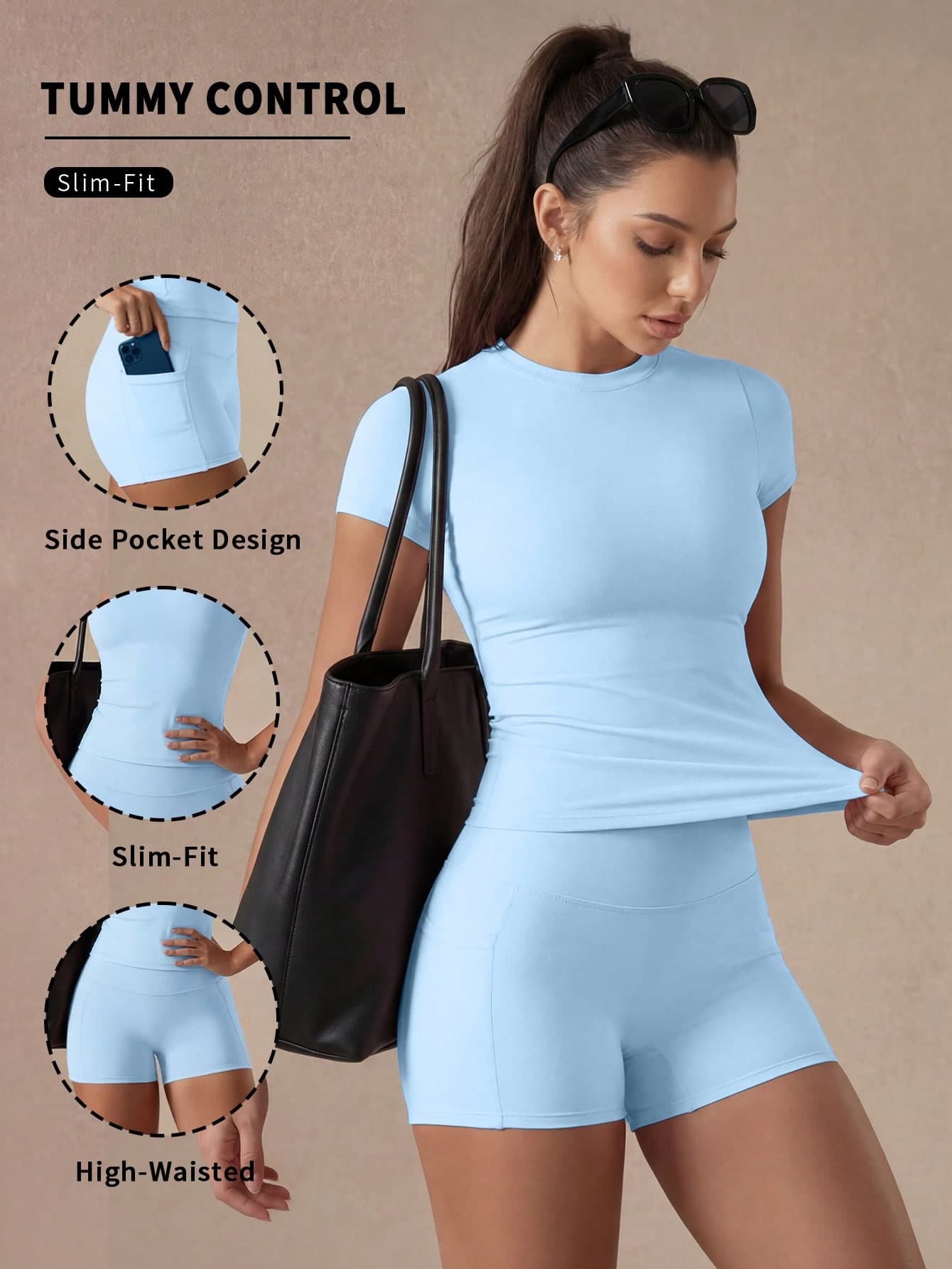 6pecil Sky Blue 2pcs Aesthetic Cute Round Neck T-Shirt + High Waist Pocket Cycling Shorts, Soft Comfortable Women's Casual Loungewear Set Sports