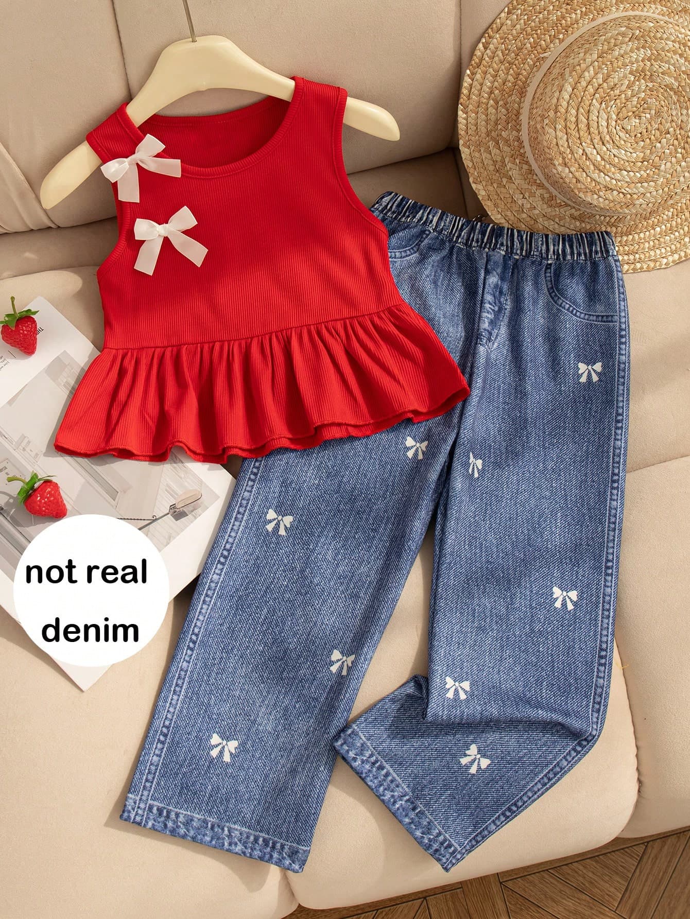2pcs Girls Casual Outfit: Sleeveless Solid Color Top With 3D Bow Design And Elastic Waist Bowknot Straight Leg Pants