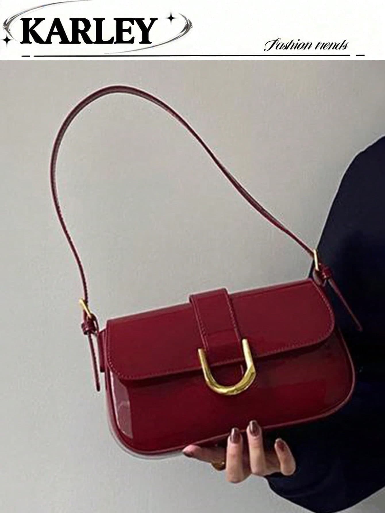 Burgundy Vintage Red Vixen Leather Square Handbag, Versatile Shoulder/Underarm Bag With Horseshoe Clasp, Detachable Dual Straps, Suitable For Girls, Ladies, Students, Career Starters, Office Workers, Commuting, School Outfits - Burgundy Red, Fashionable Burgundy Bag, Retro Inspired Bag For Women , Red Bag , Burgundy Bag, Vintage
