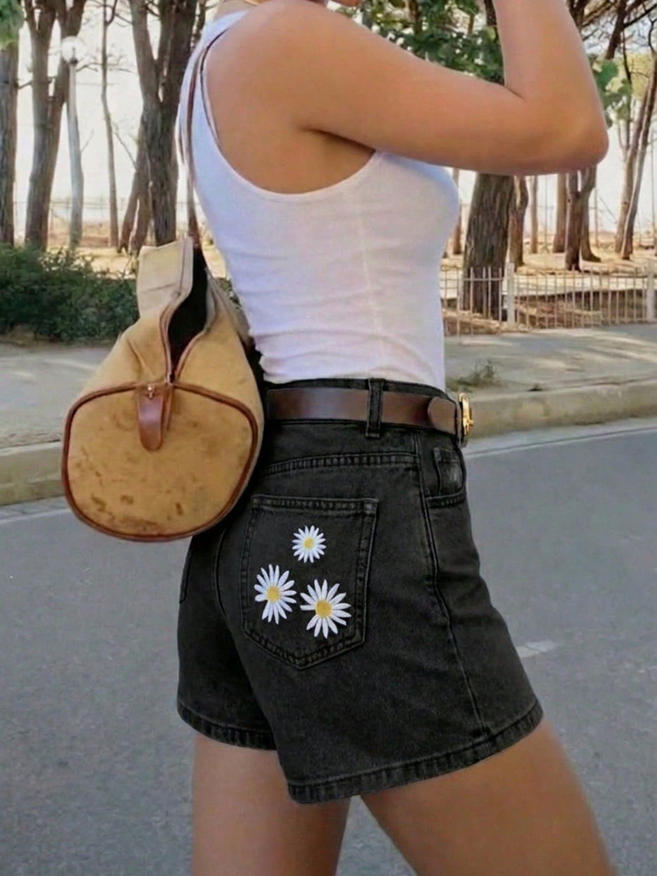 Buzzelle Women's Black Washed Denim Daisy Embroidered Straight Leg Shorts, Cute Casual Summer Outfit, Non-Stretch