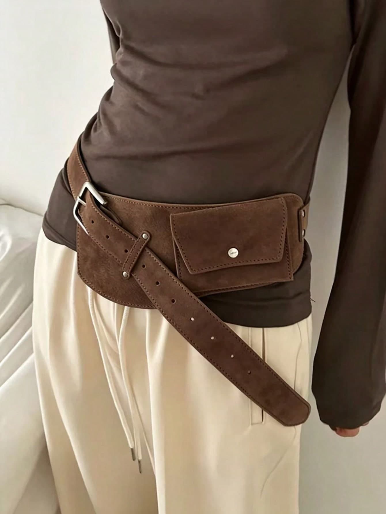 Women's Multi-Color Suede Pocket Belt, Adjustable Buckle Waist Belt With Mini Pouch, Casual Streetwear Accessory