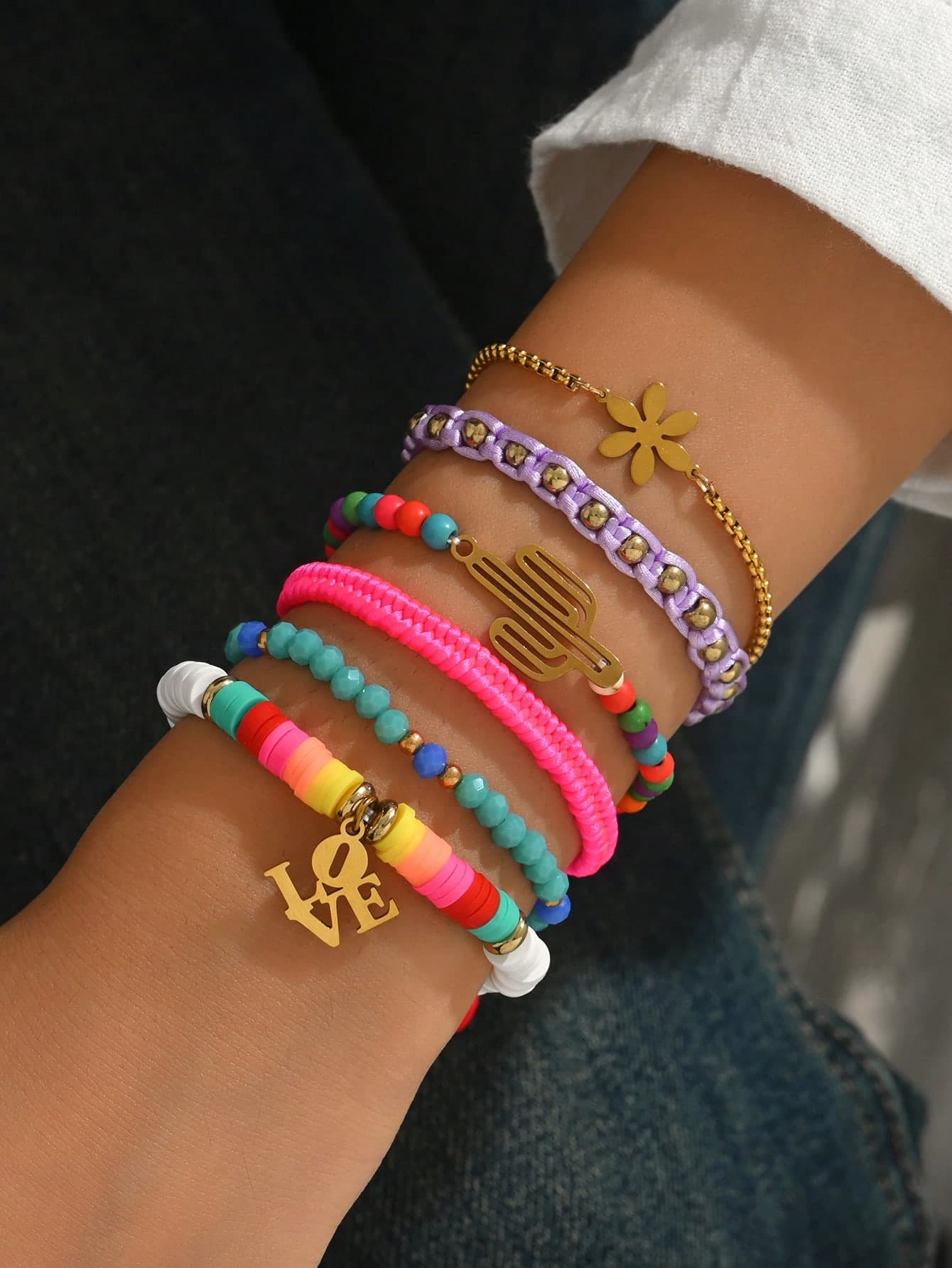 6pcs Fashion Ocean Style Metal Cactus Love Flower Ocean Adjustable Handmade Woven Beaded Bracelet Set, Suitable For Women's Daily, Vacation, Shopping Outfits, Beach Holiday Matching