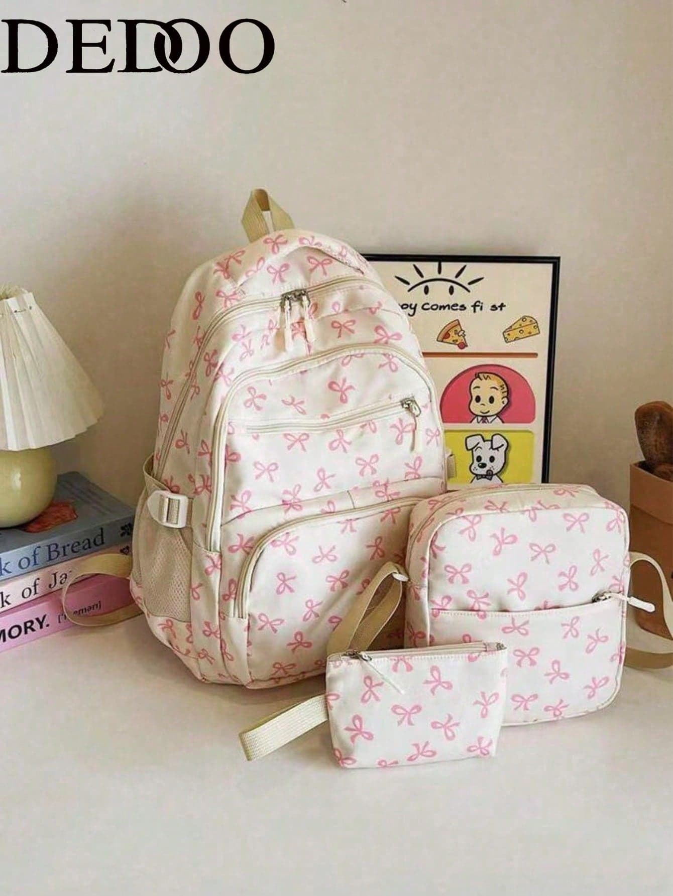 Dedoo 3pcs/Set Beige Nylon Bowknot Print Multi-Pocket Foldable Waterproof Zipper Backpack, Suitable For Teenagers, High School/College Students, Women Daily, School, Training, Commuting, Shopping, Travel, Valentine's Day Gift (Random Letter Tag), Fashionable Backpack With Pencil Case, Cute Bowknot Backpack Back To School Essential, College Backpack, College Essential, Large Capacity Student Backpack