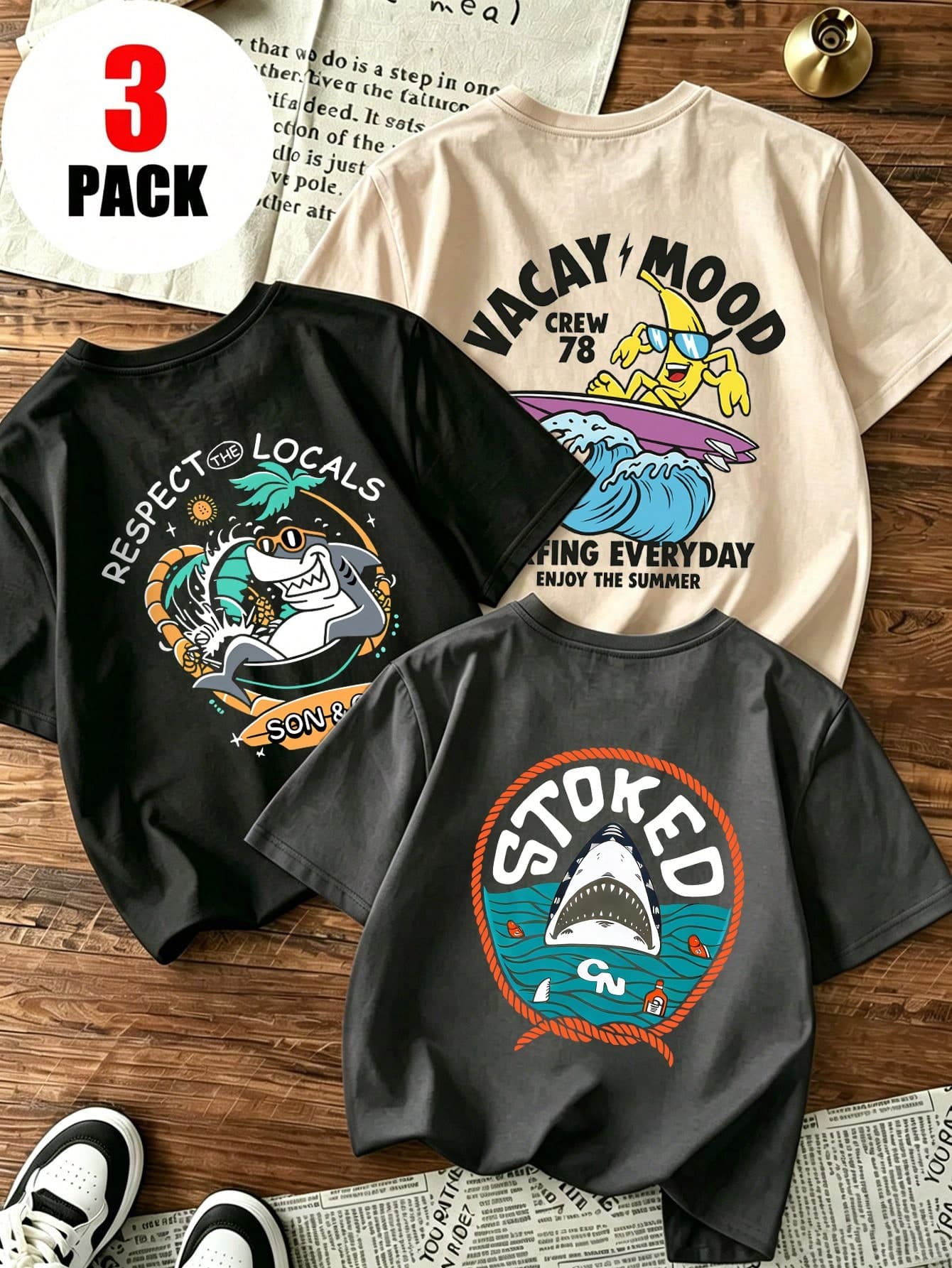 3pcs/Set Young Boy Casual Funny Print Round Neck Short Sleeve T-Shirt, Summer Top