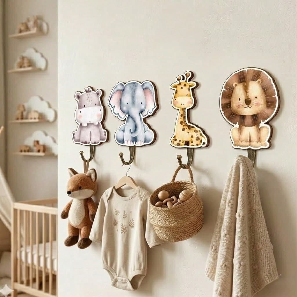 4pcs Wooden Animal Shaped Hooks, Suitable For Baby Room, Children's Bathroom, Bedroom, Decoration, Wild Animal Theme Decor, Baby Room Decor, Baby Shower Gift