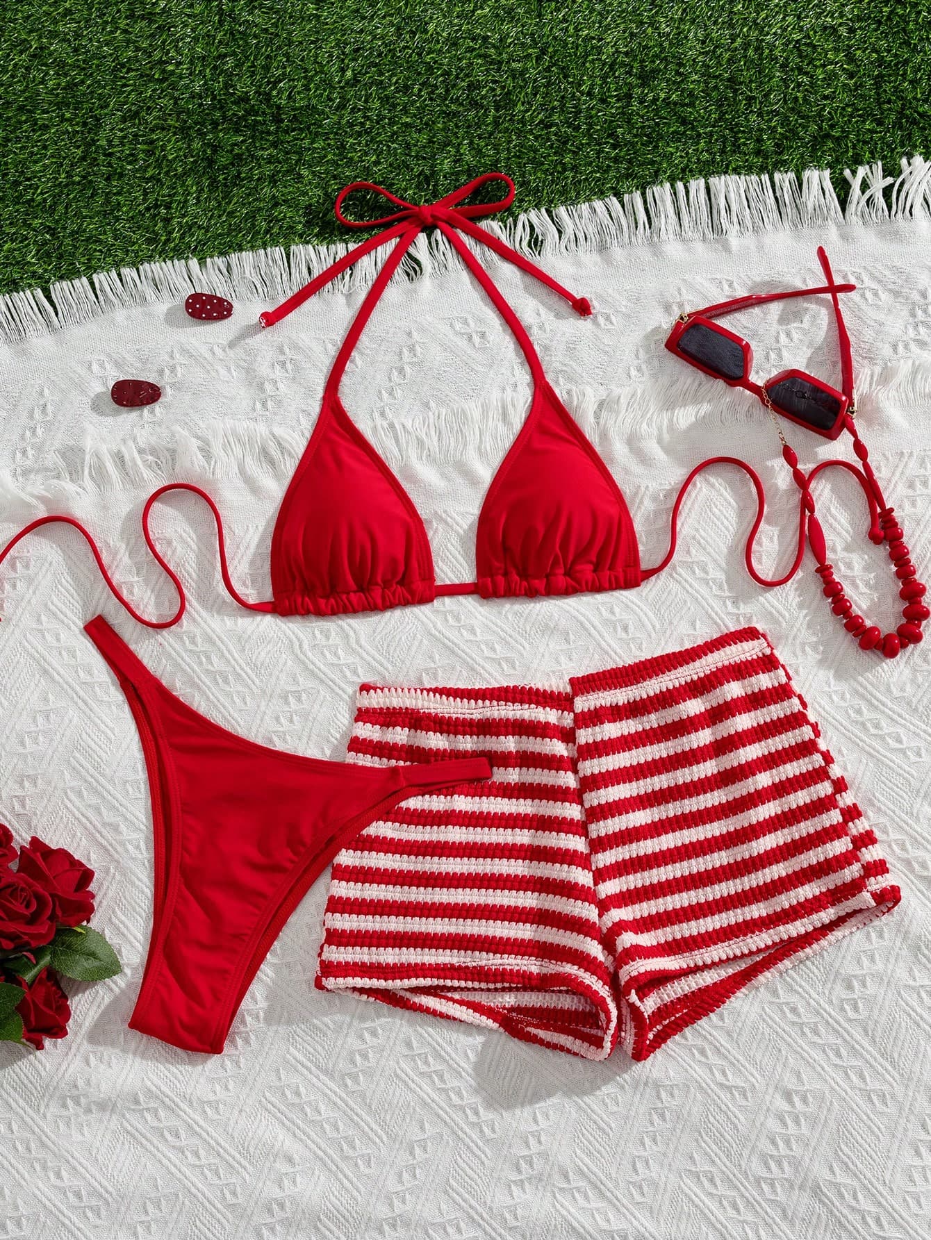 2026 Women's 3-Piece Bikini Set, Red Triangle Cup Top, Spaghetti Strap & Red-White Stripe Bottoms, Casual Summer Beach Vacation Outfit