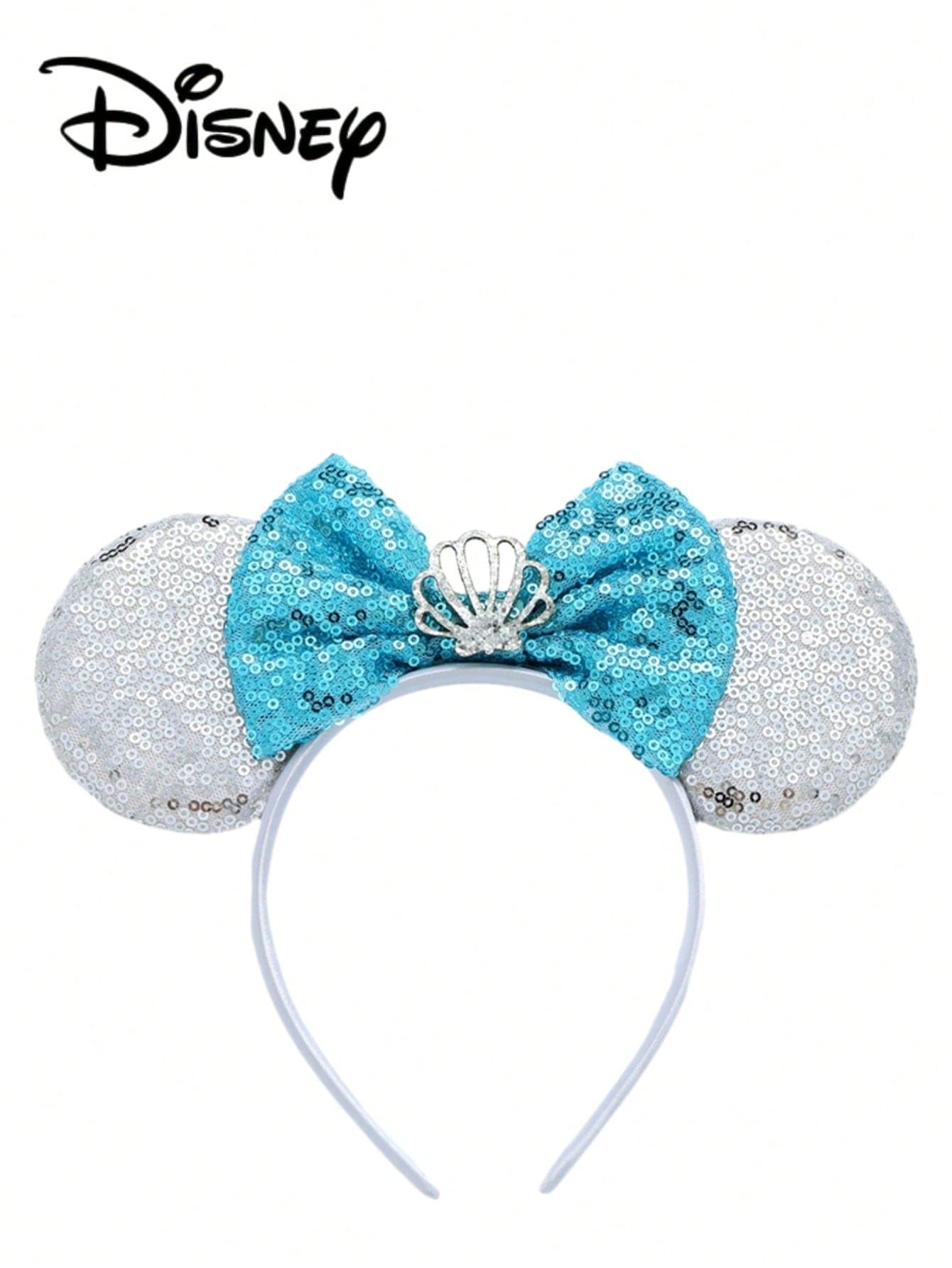 1pc Disney Mickey Silver+Blue+Shell Pattern Sequin Headband, Mickey Silver+Blue+Shell Pattern Sequin Headband - Holiday Party Headband Hair Accessory, Fun Photo Prop, Amusement Park Accessory, Suitable For Birthday Party And Easter Event, With Bow Cute Cartoon Hair Accessory, Princess Costume Accessory, Suitable For Disney Fans