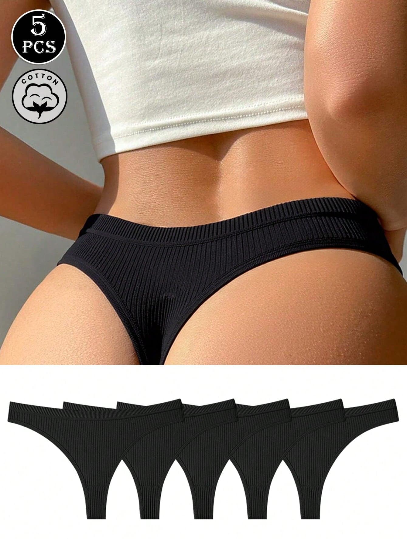 5pcs/Pack Women's Sexy Solid Color Cotton Breathable Bikini Panties