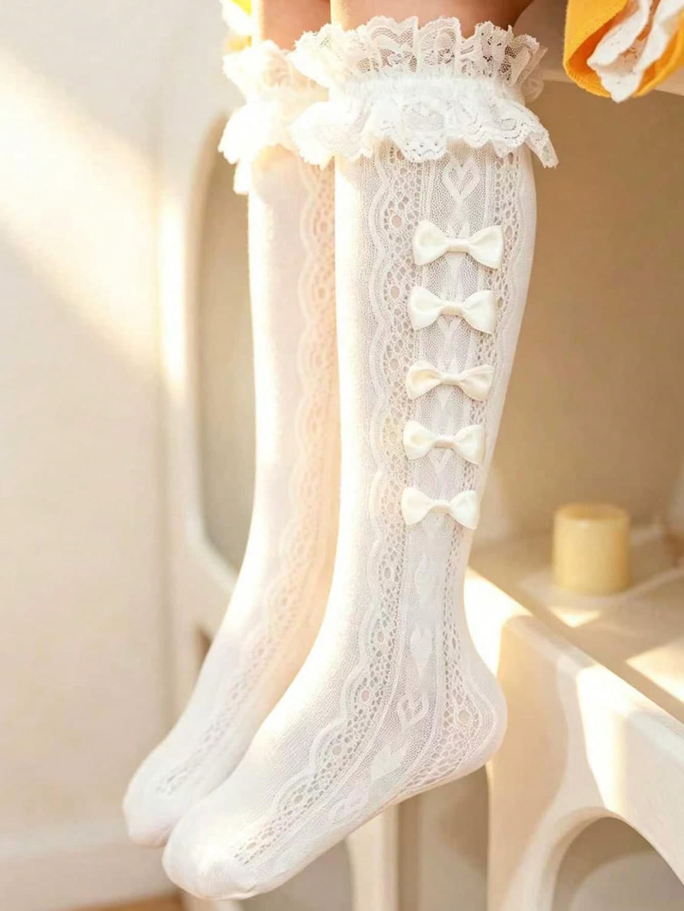 1 Pair Spring/Summer Children/Girls' Side Bow Decor White Princess Style Knee High Socks, Fashion Breathable Lace Trim Socks With Heart Pattern, Suitable For Outings, Birthday Parties, Stage Performances, Style
