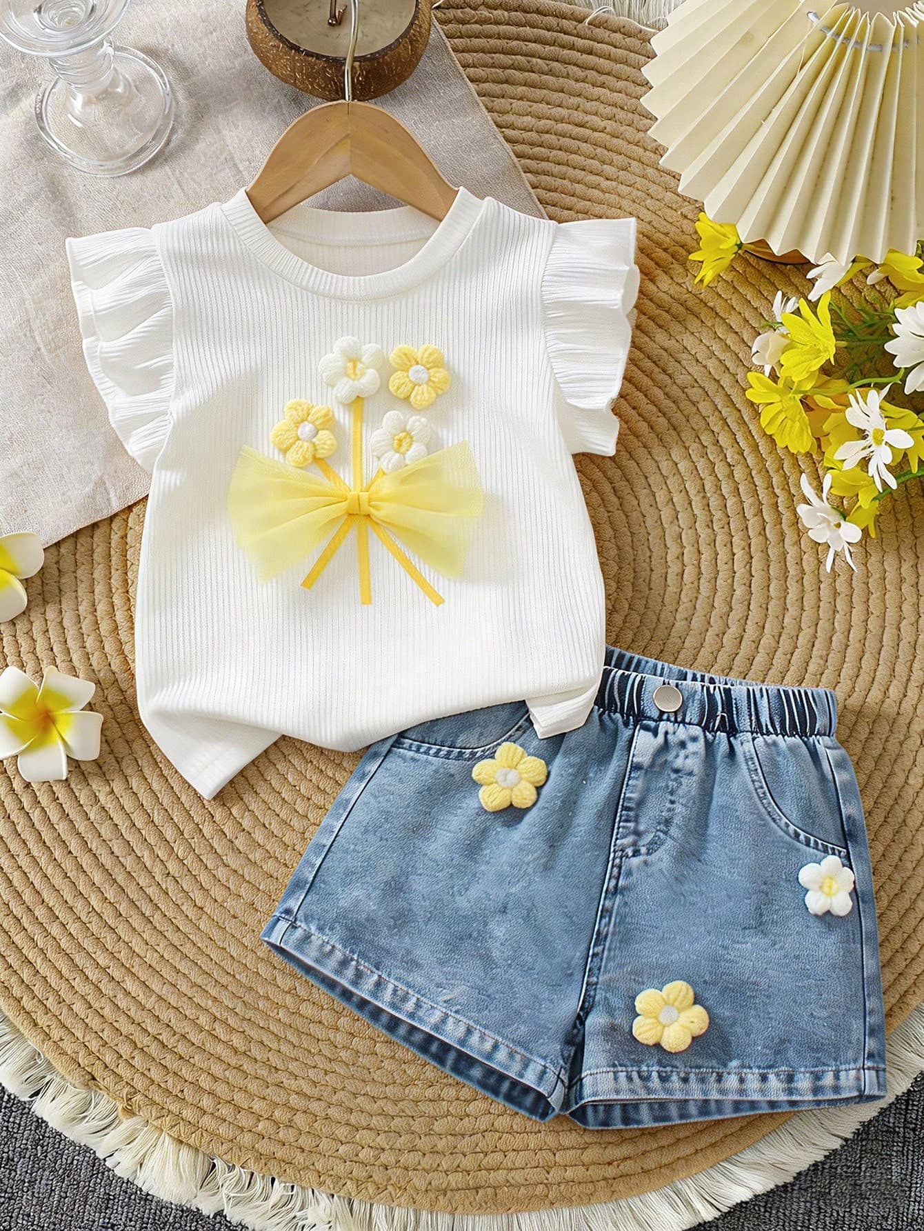 2pcs/Set Young Girl Cute Outline Floral Decor Ribbed Sleeveless Top And Blue Denim Shorts Set, Summer