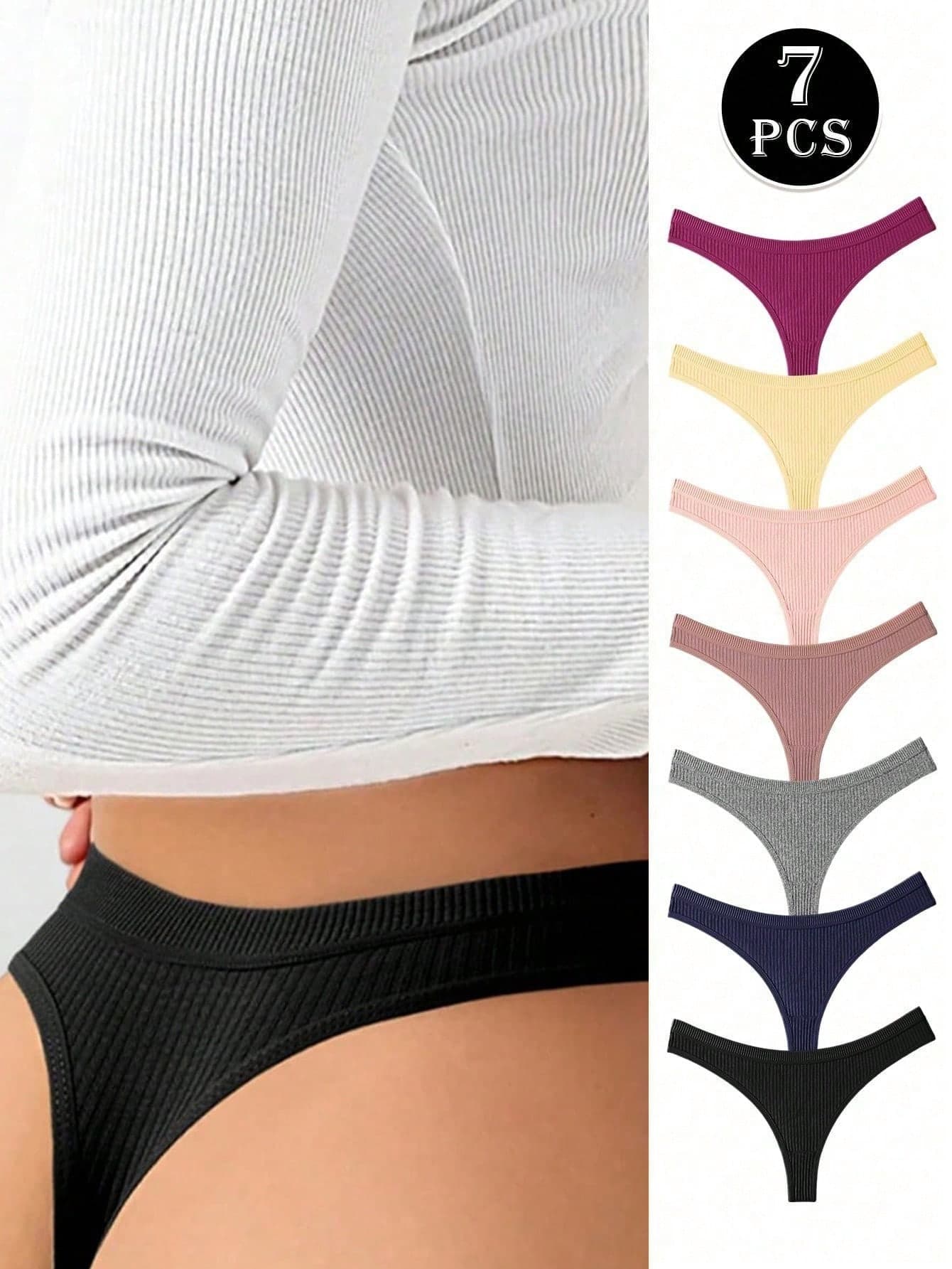 7pcs/Pack Multicolor Ribbed Cotton Women's Underwear, Sexy Seamless Minimalist Comfortable Solid Color Thongs
