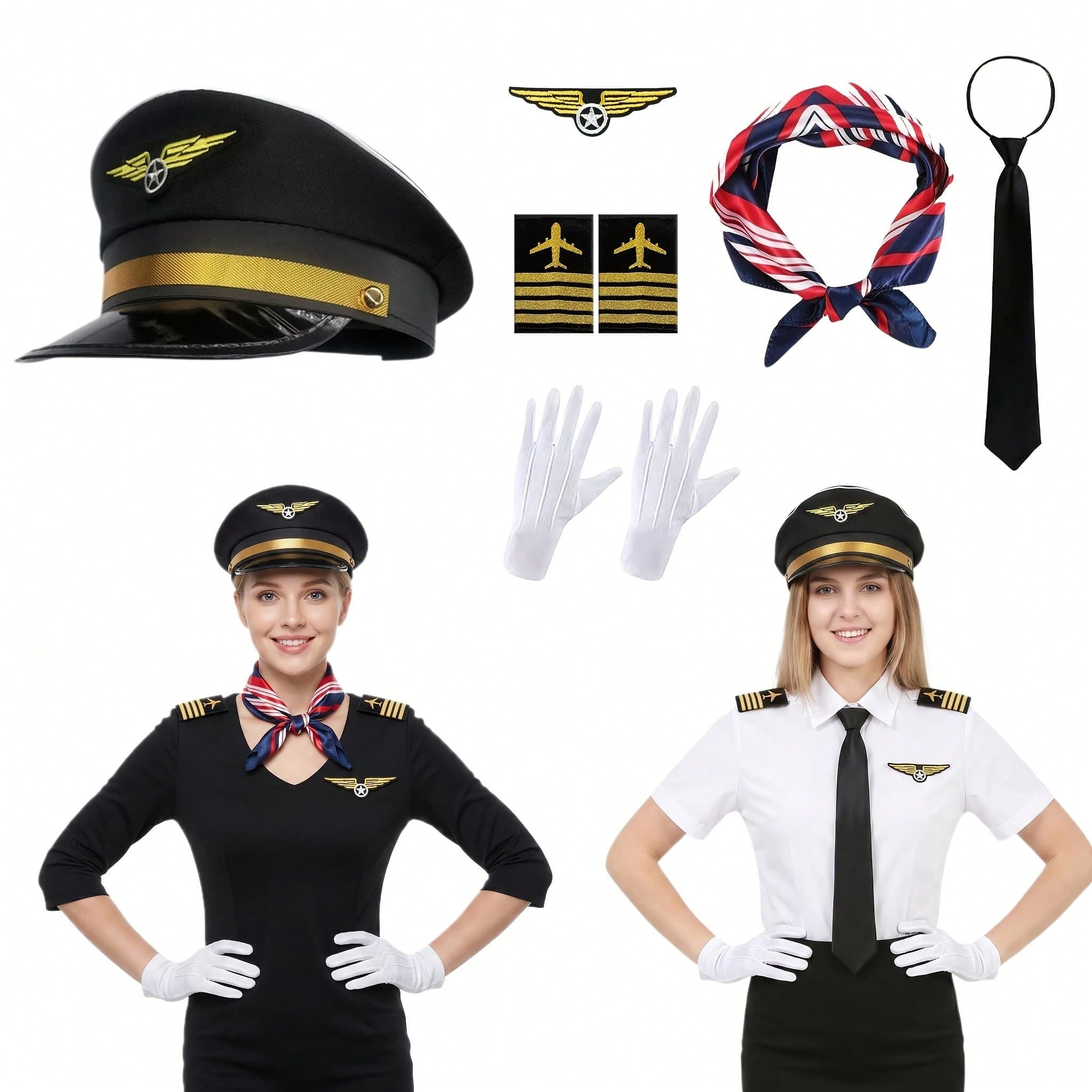 6pcs Women's Flight Attendant Costume Accessories, Including Captain Role Play Props, Hat, White Gloves, Breast Badge, Epaulettes, Tie, Scarf, Suitable For Cosplay, Prom, Music Festival, Party Use