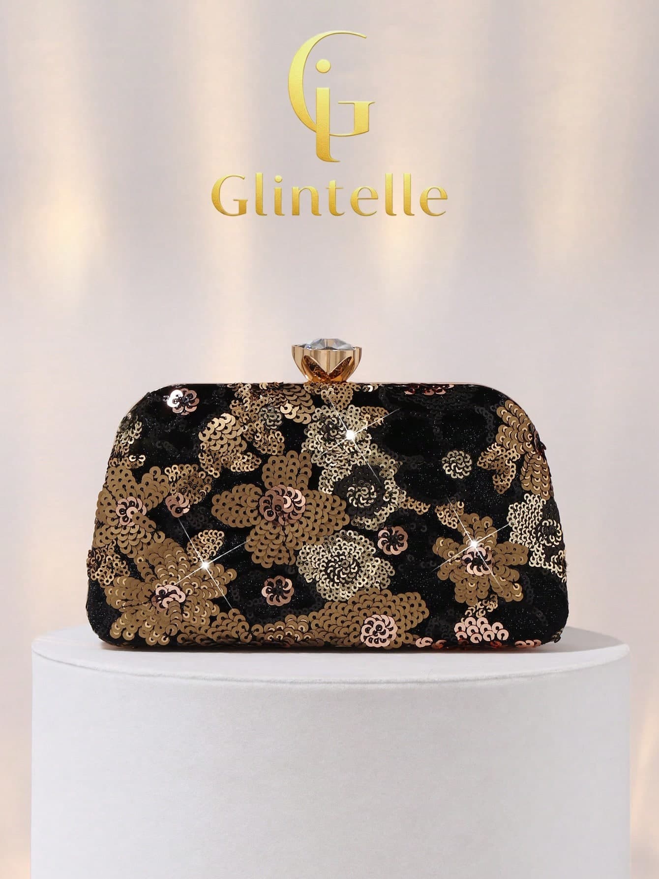 Glintelle Black & Gold Sequin Floral Evening Bag, Vintage Luxurious Sequin Floral Embroidered Clutch Bag With Detachable Chain Strap, Suitable For Formal Occasions Like Parties, Weddings, Galas (Floral Print/Random Print)
