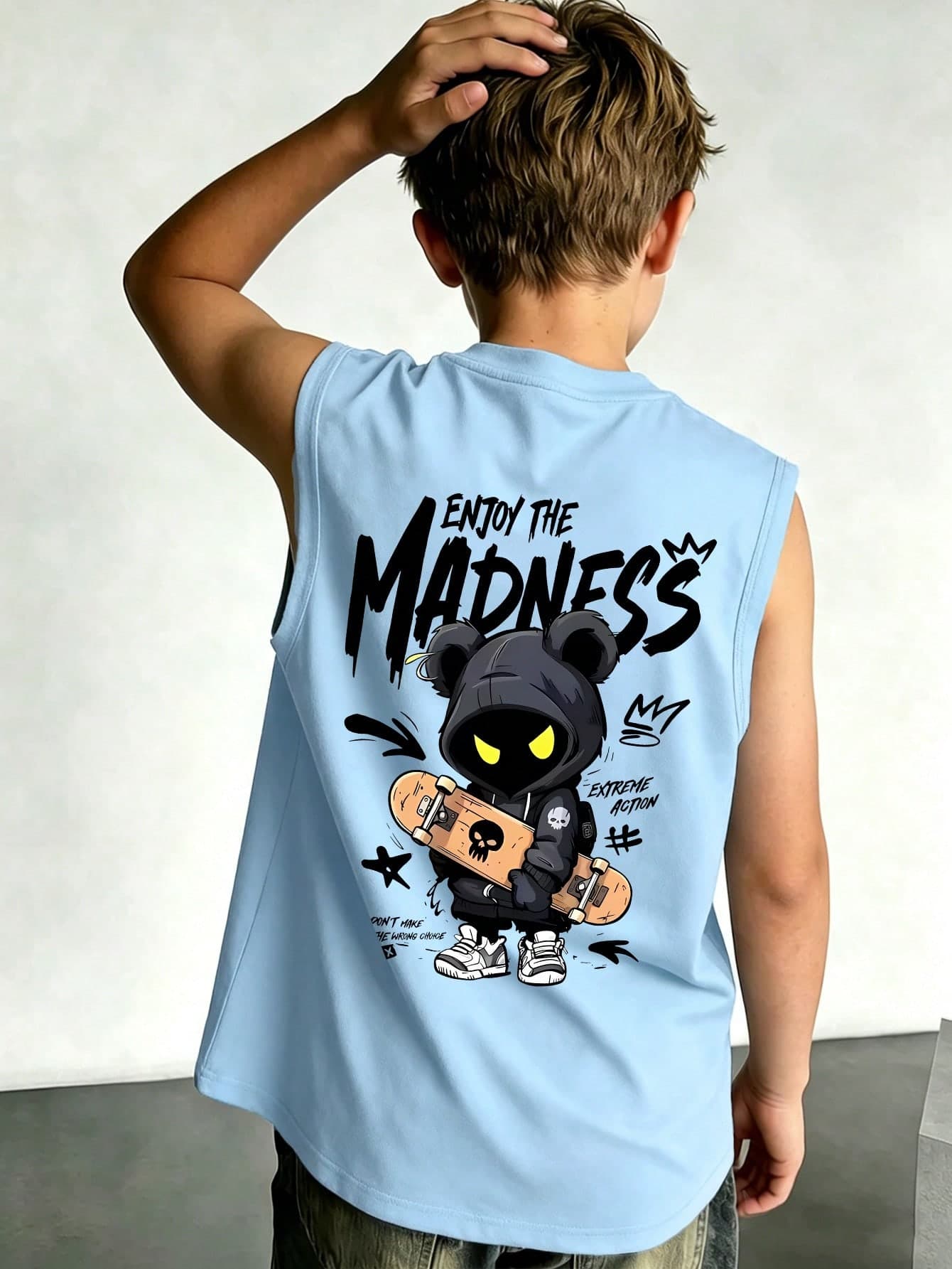 1pc Boys' Simple Cartoon Character Print Sleeveless Round Neck Tank Top Cool Casual Shirt