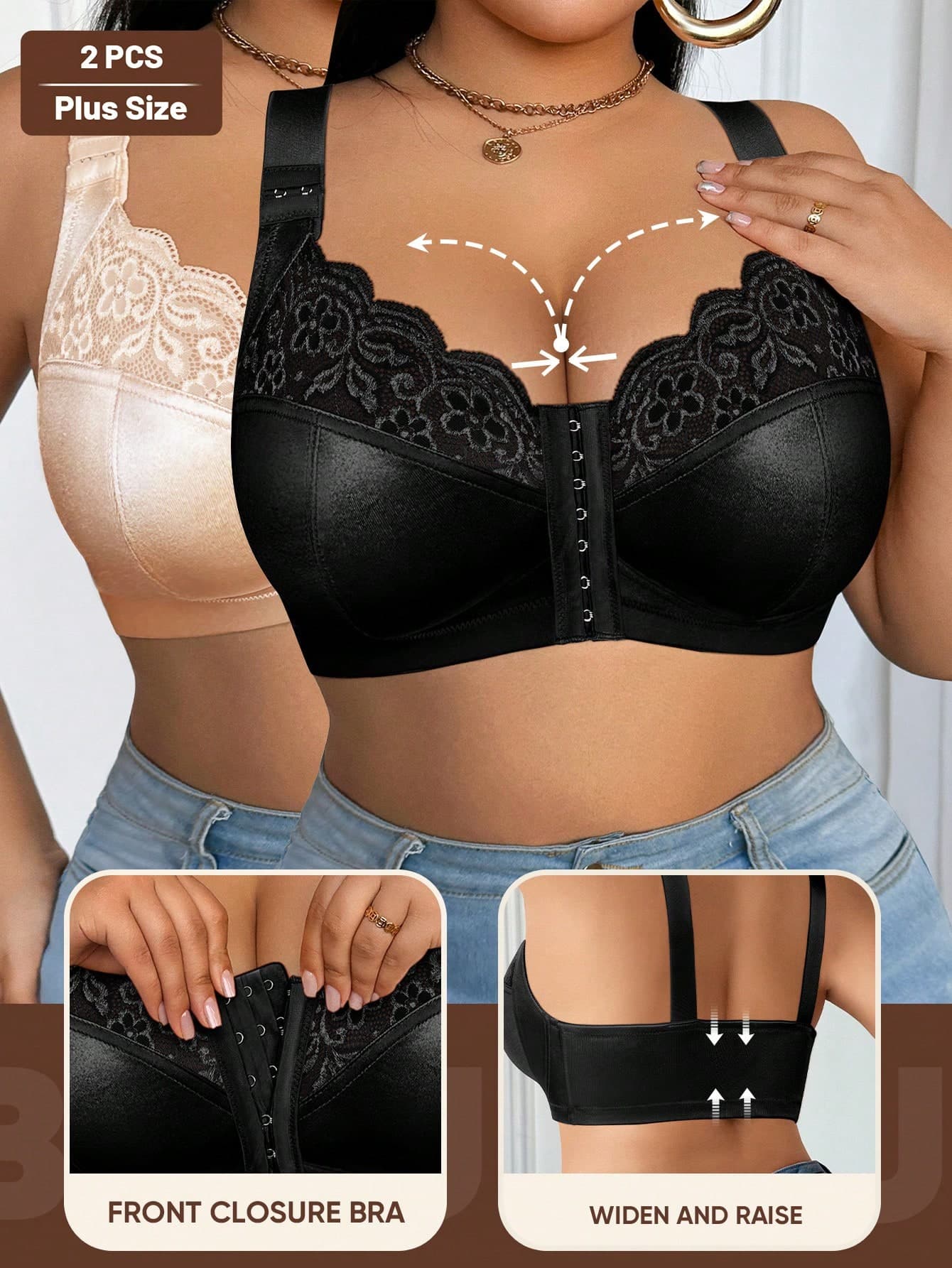 MEIYATING 2pcs Plus Size Women Lace Wireless Bras, Sexy Lingerie Lift And Support