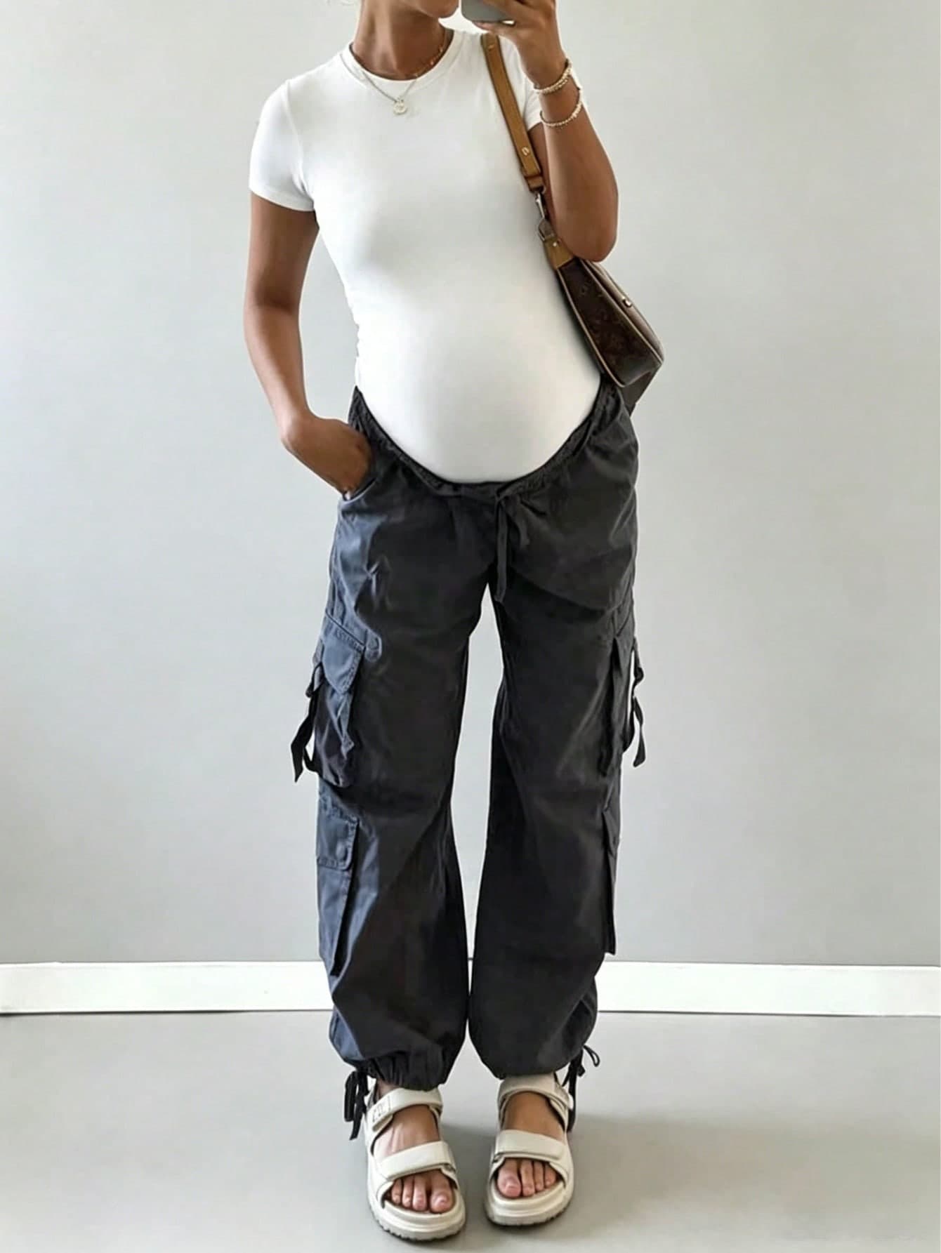 Maternity Bodysuit, Solid Color Round Neck Casual Slim-Fitting White Summer