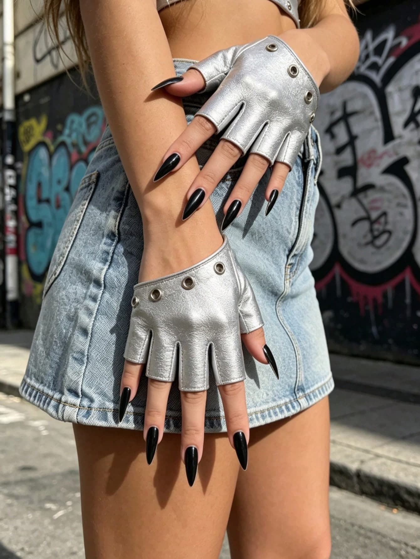 1 Pair Sweet Cool Girl Y2K Street Metal Hollow Eye Solid Color Slanted PU Leather Gloves Punk Heavy Style Suitable For Daily Life, Outings, Decoration And Styling Women's Gloves