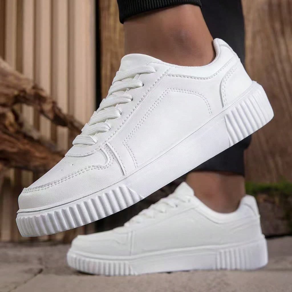 Men Women White Platform Sneakers, Solid Color Lace Up Casual Skate Shoes, Non Slip Thick Sole Walking Shoes, Daily Streetwear Footwear