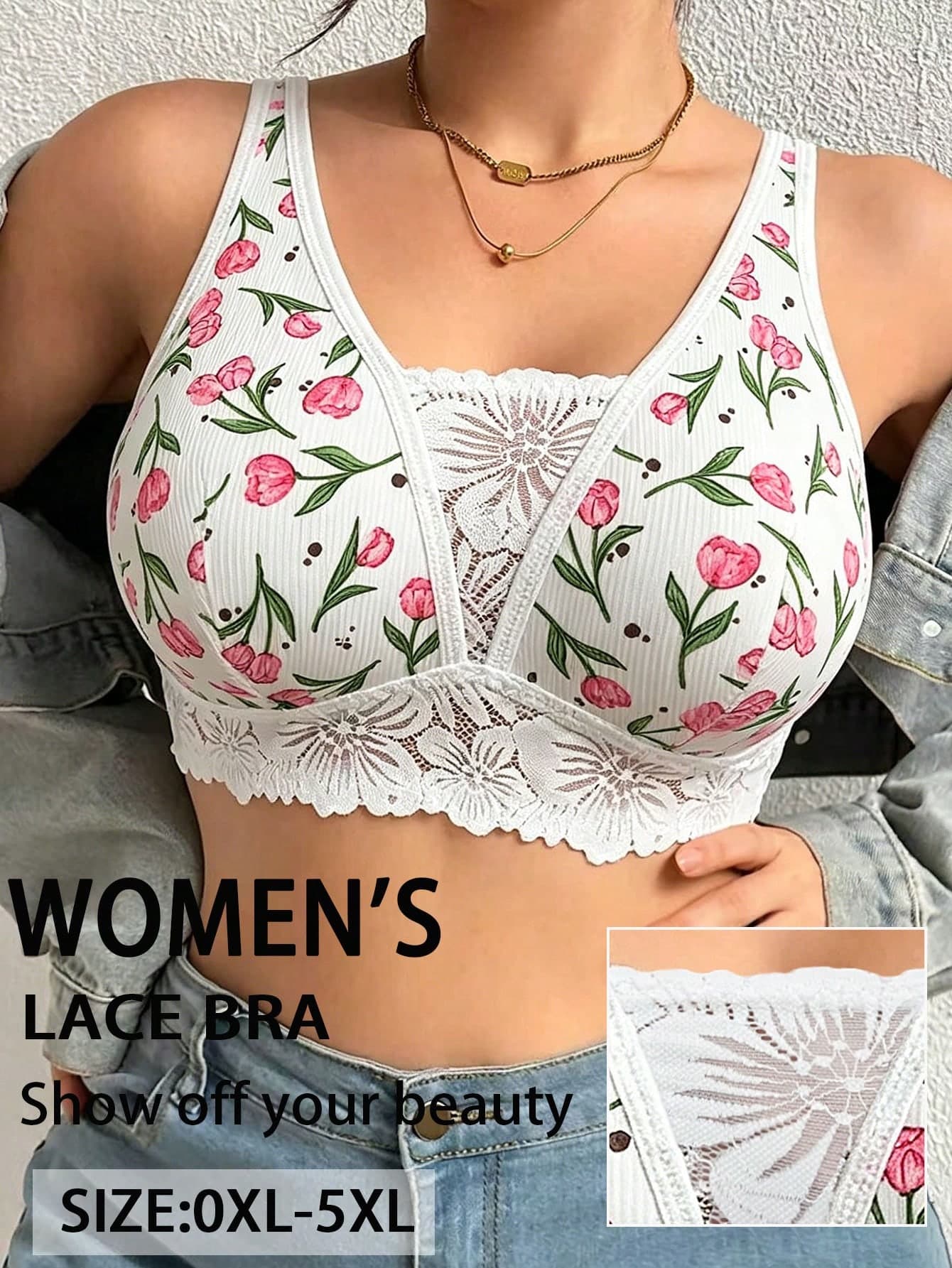 Plus Size Women's Floral Print Wireless Bra, Breathable Non-Slip Supportive Seamless Everyday Bra