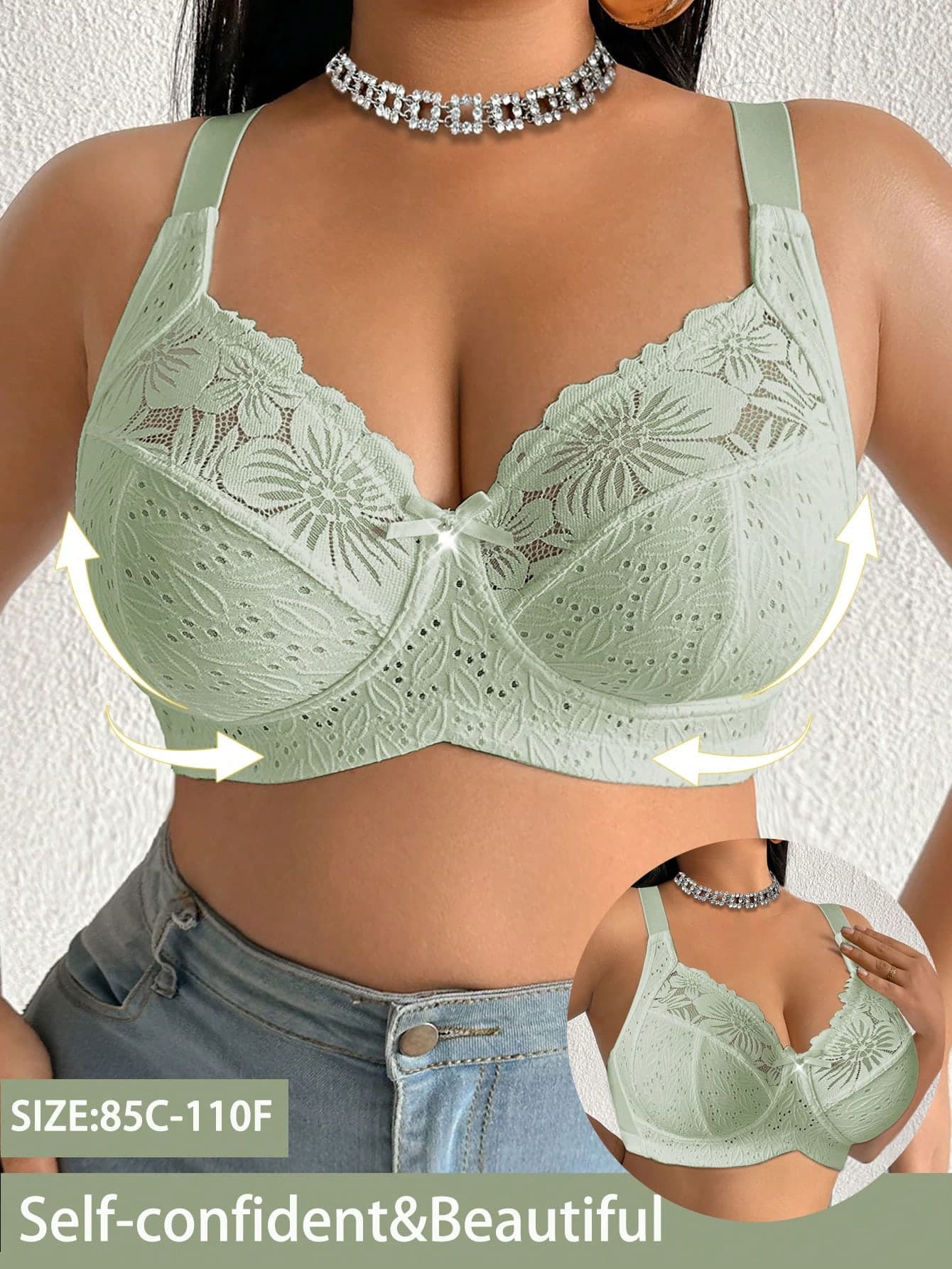 Plus Size Women Non-Wired Bra With Floral Print, Breathable Non-Slip Lace Patchwork, Supportive Lift, Adjustable Straps, Seamless For Daily Wear