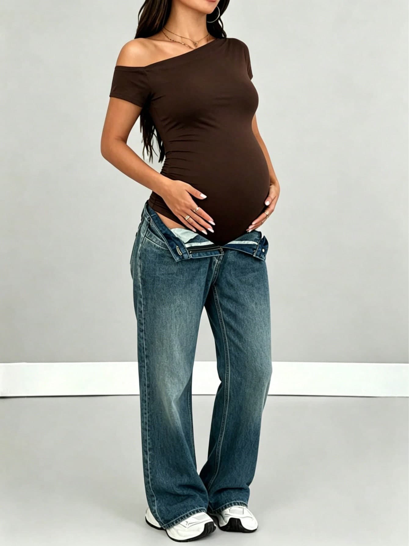 Parara Maternity Bodysuit, Asymmetric Neckline, Short Sleeve, High Stretch Fabric, Open Back Design Summer